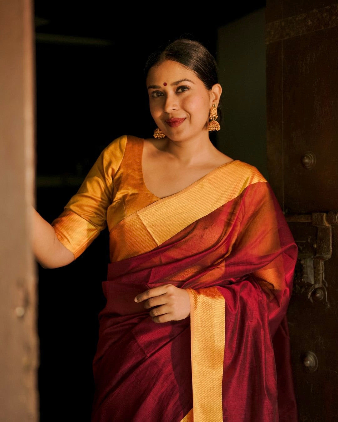 Maroon and yellow maheshwari with resham border