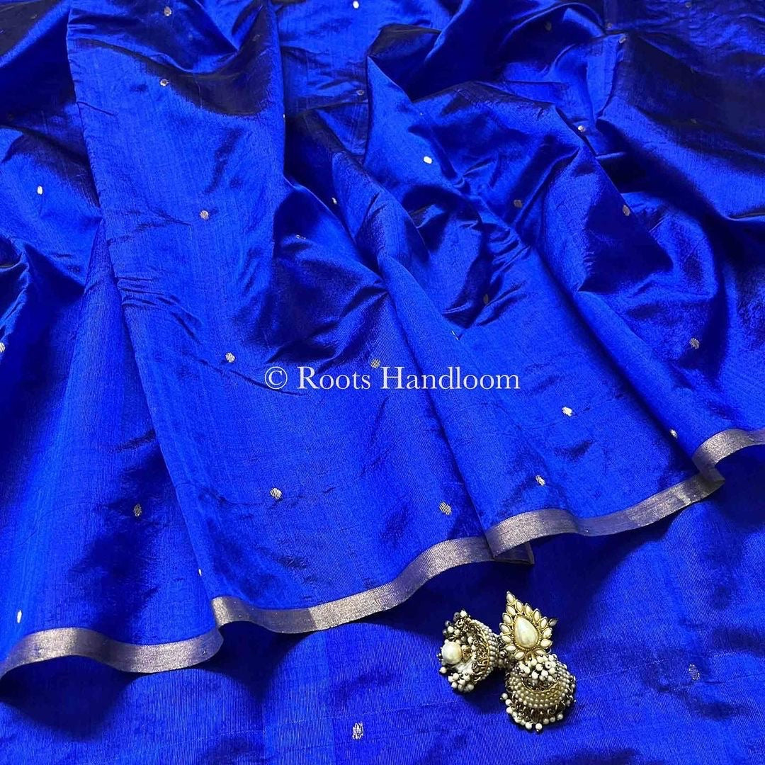 Royal blue chanderi silk saree with zari bootis all over