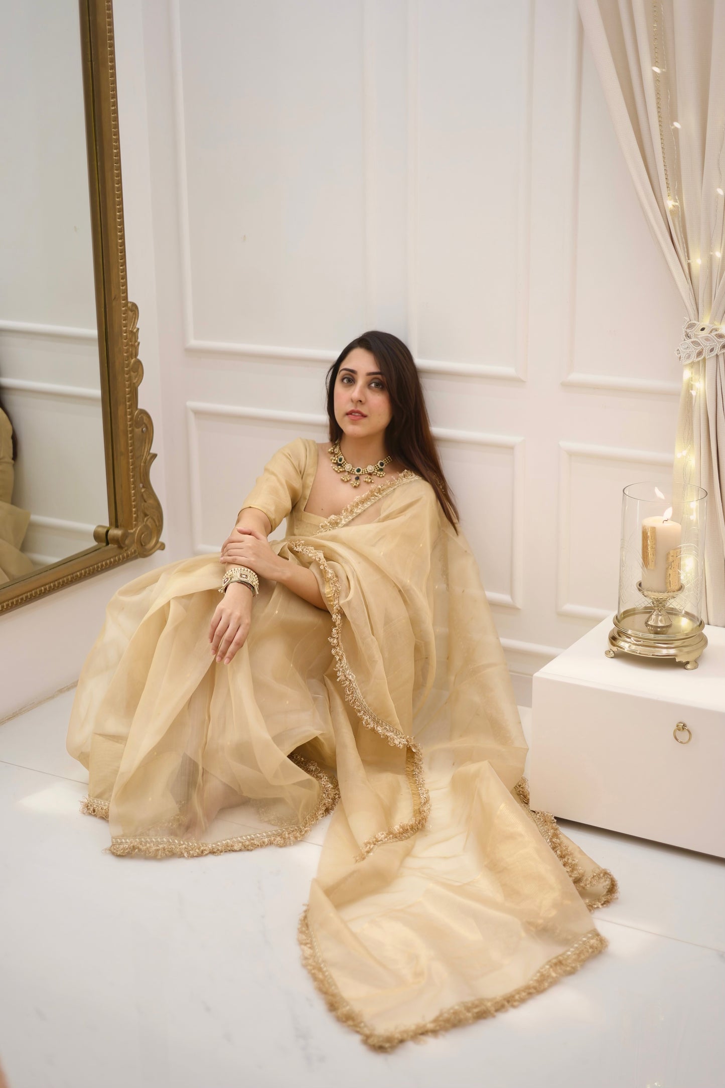 Beige gold Chanderi organza silk saree with zari bootis all over
