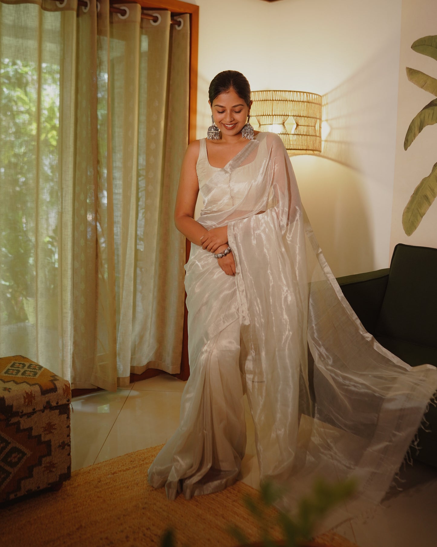 Off-White Maheshwari Saree with Zari Lines all over