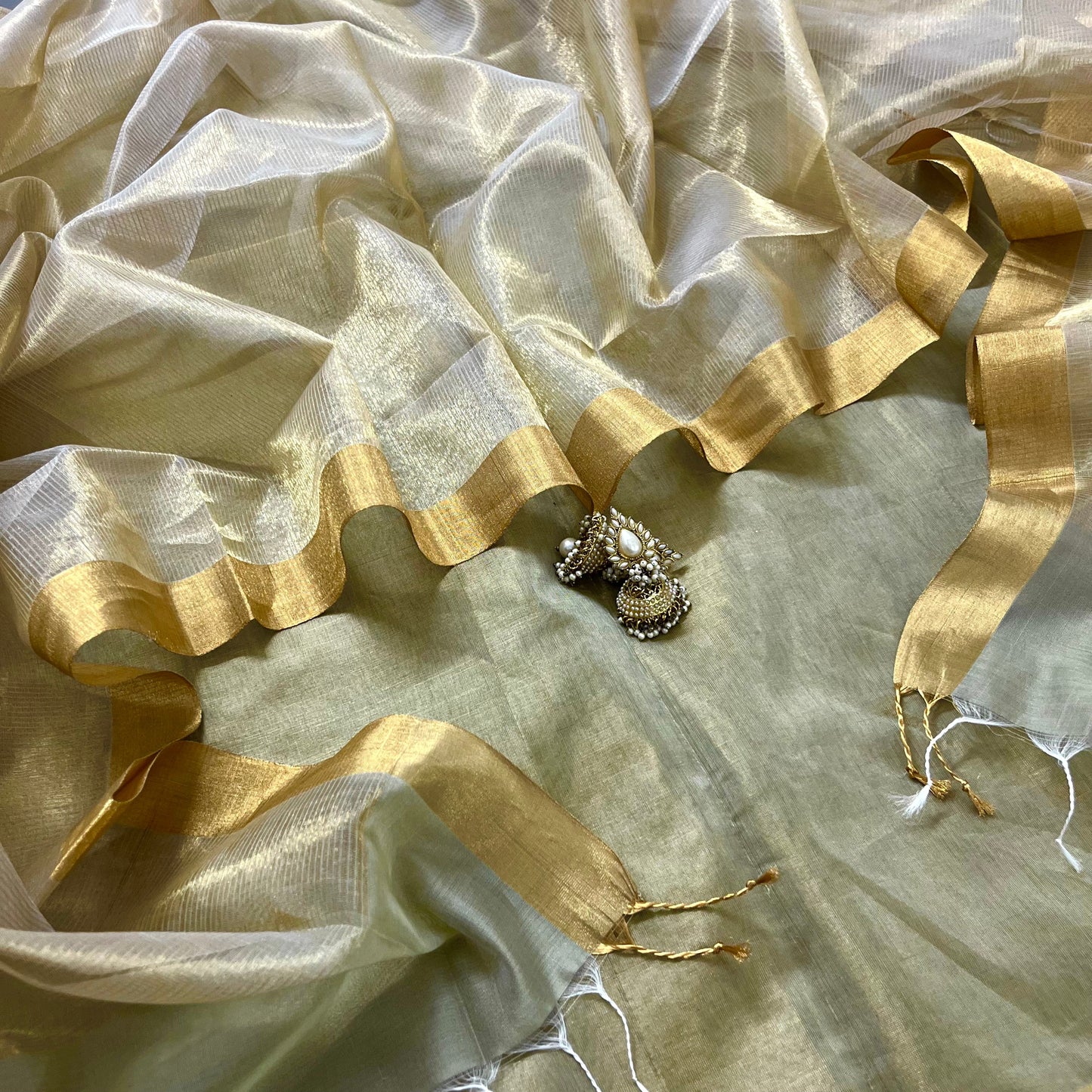 Olive Gold Maheshwari Tissue Silk Suit with Zari Lines on Dupatta