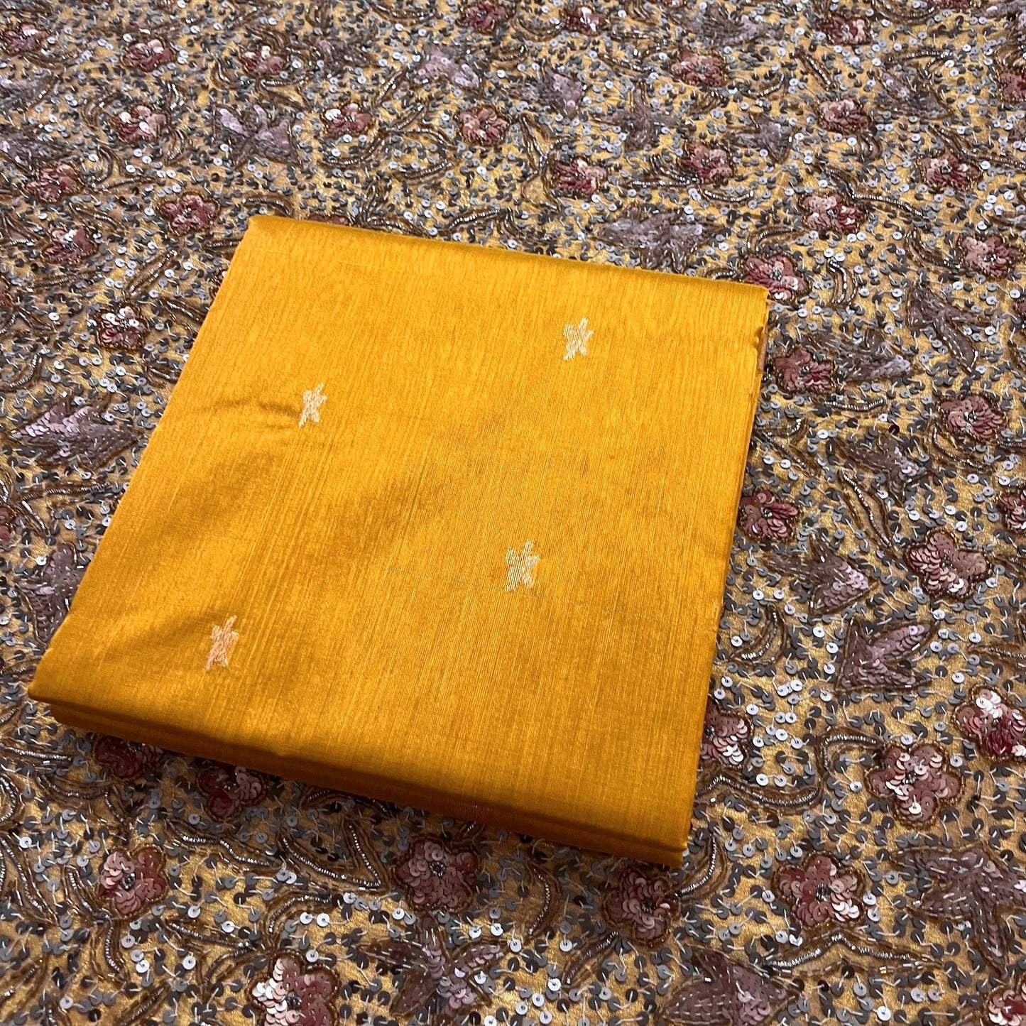 Mustard gold chanderi silk saree with flower bootis all over
