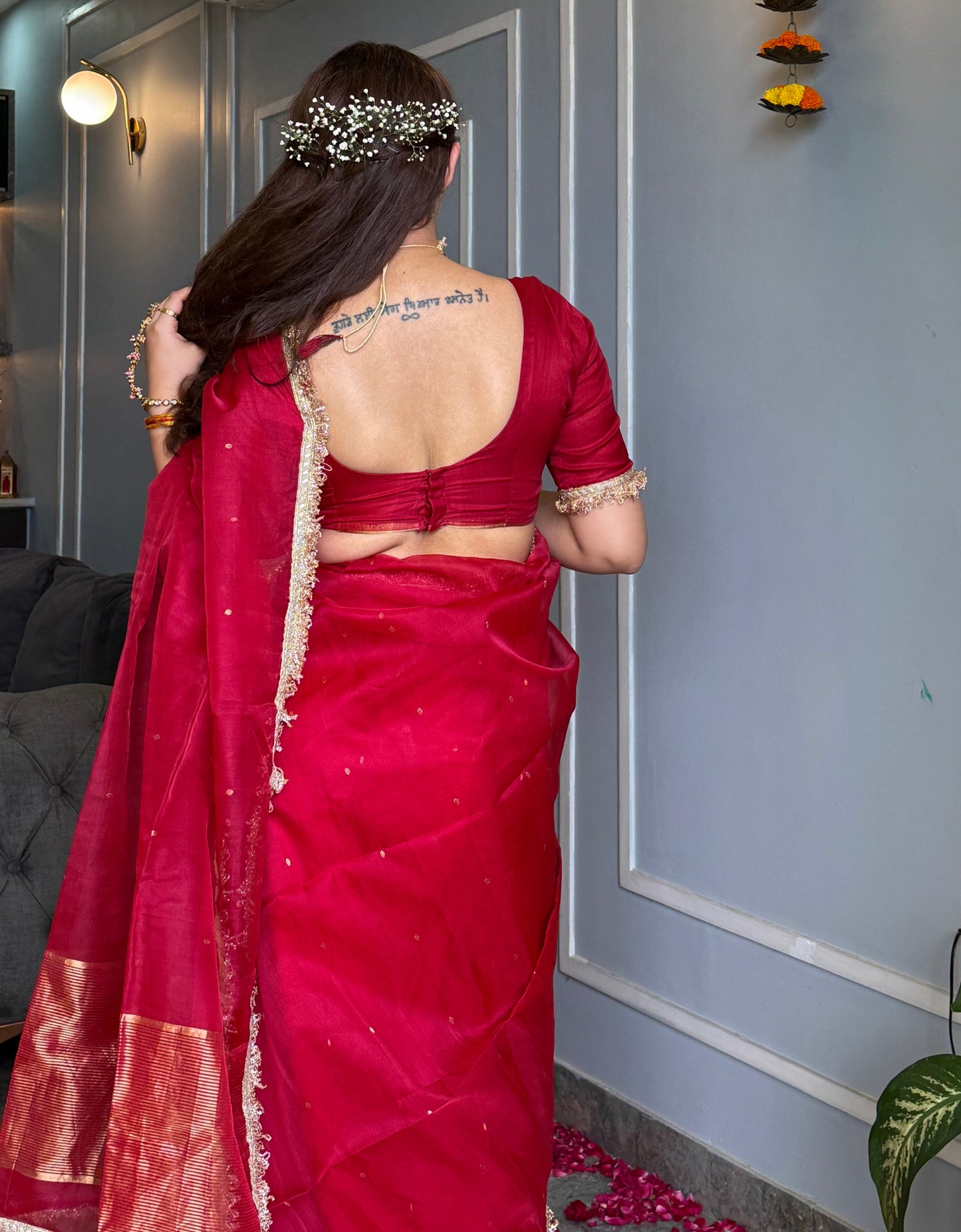 Dark rose chanderi silk saree with zari bootis all over