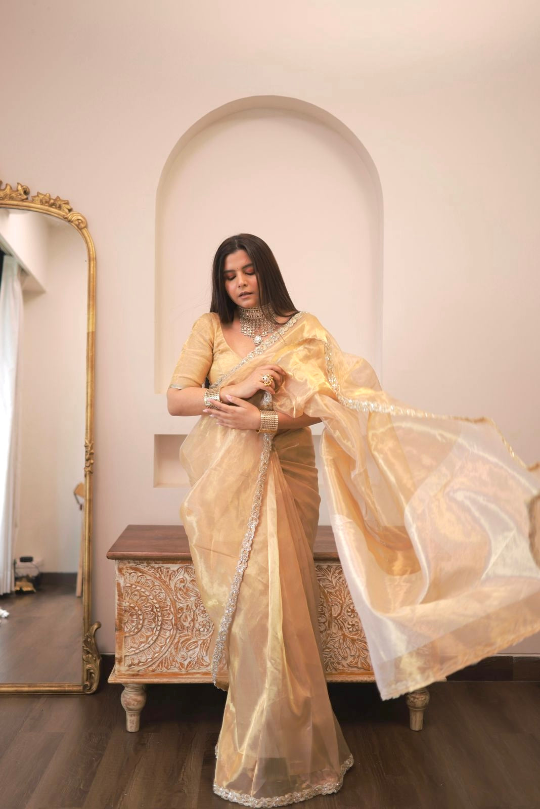 Molten gold chanderi tissue silk saree with intricate work border