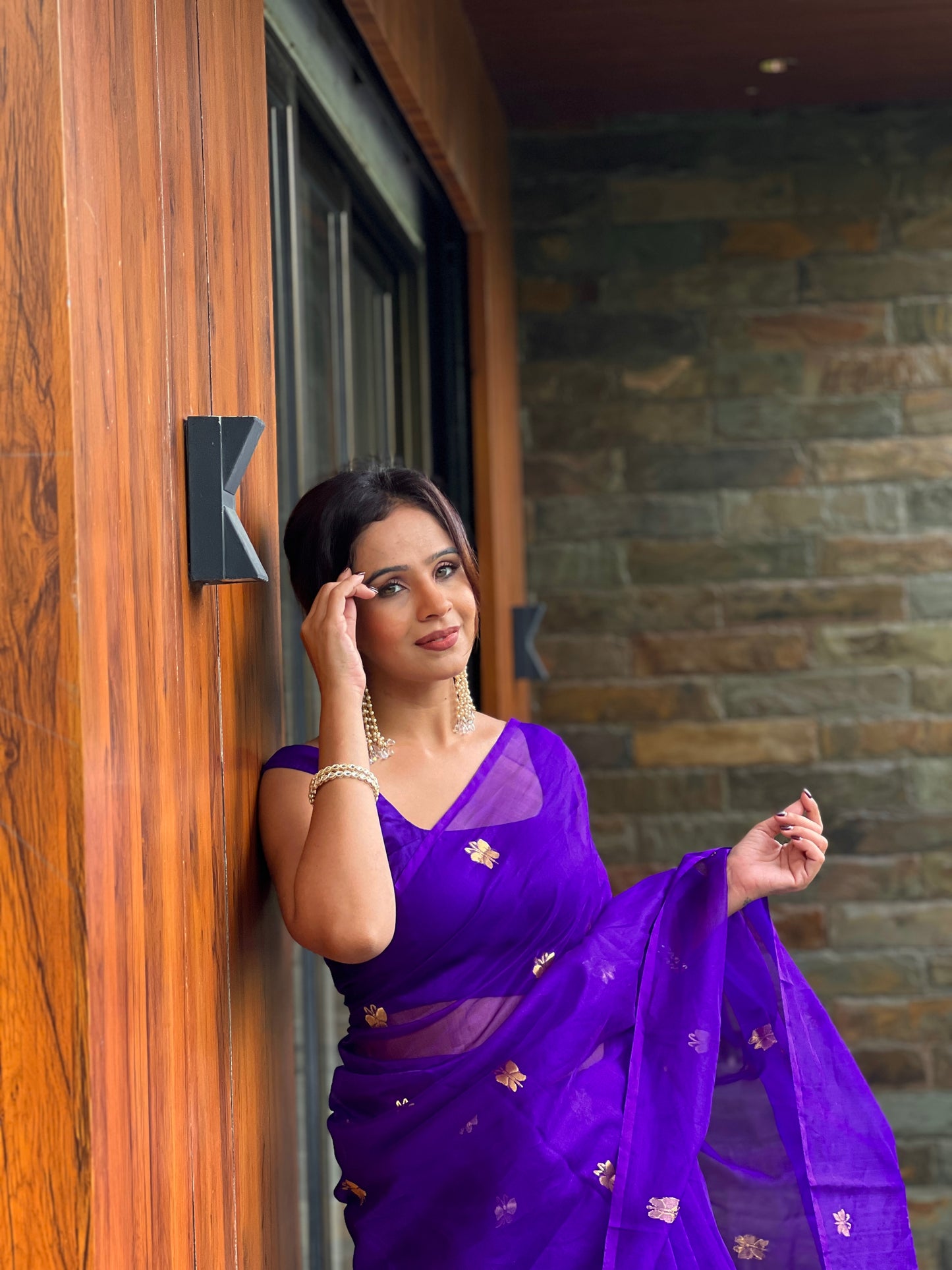 Dark purple chanderi organza silk saree with butterfly motifs all over