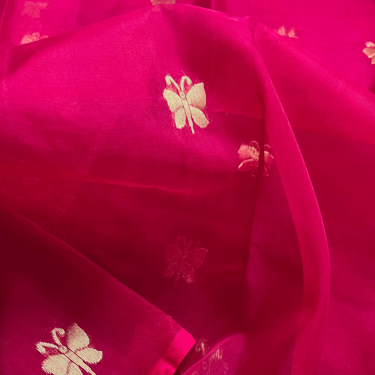 Rani pink Chanderi silk saree with butterfly motifs all over