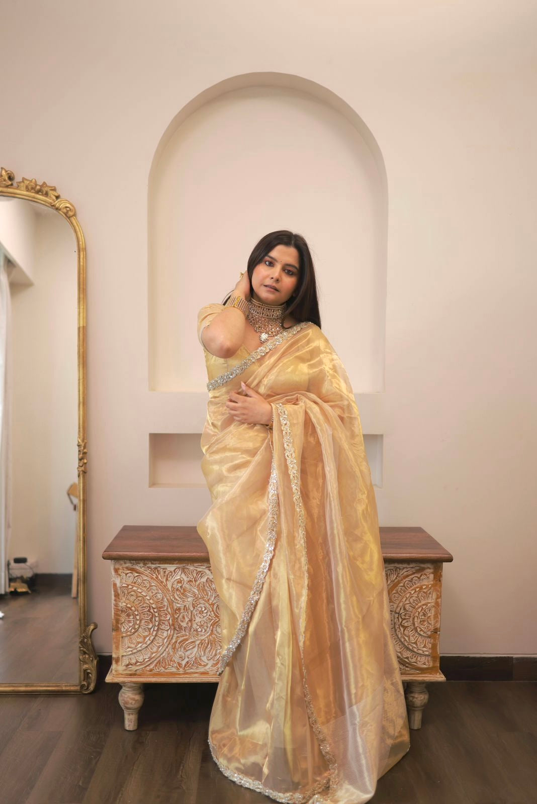 Molten gold chanderi tissue silk saree with intricate work border