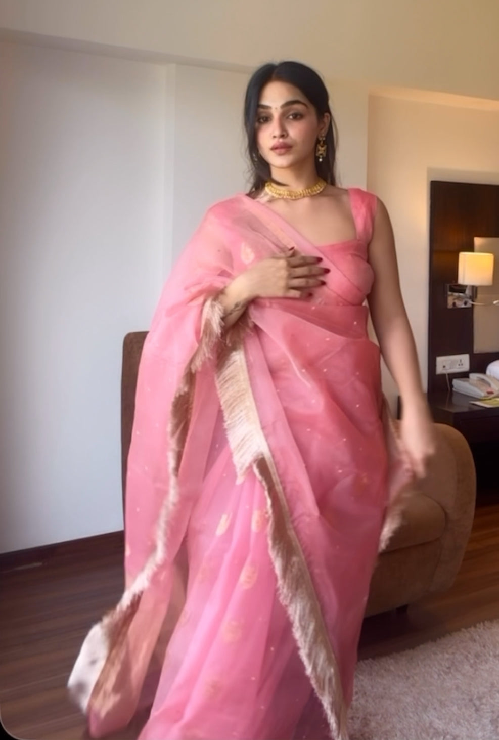 Ballet Pink chanderi silk saree with zari bootis and chaand bootis all over