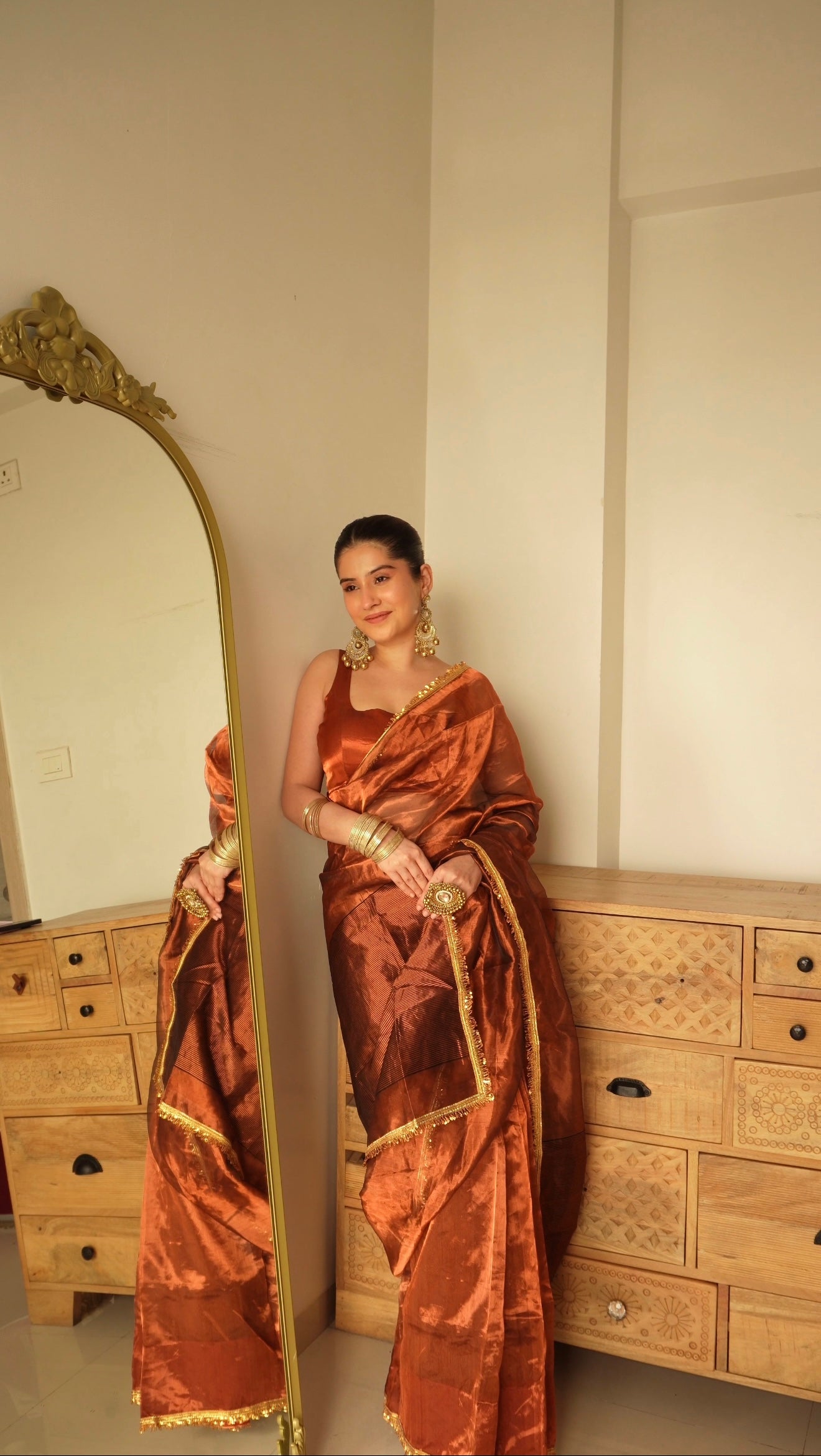 Molten Bronze chanderi tissue silk with kiran border