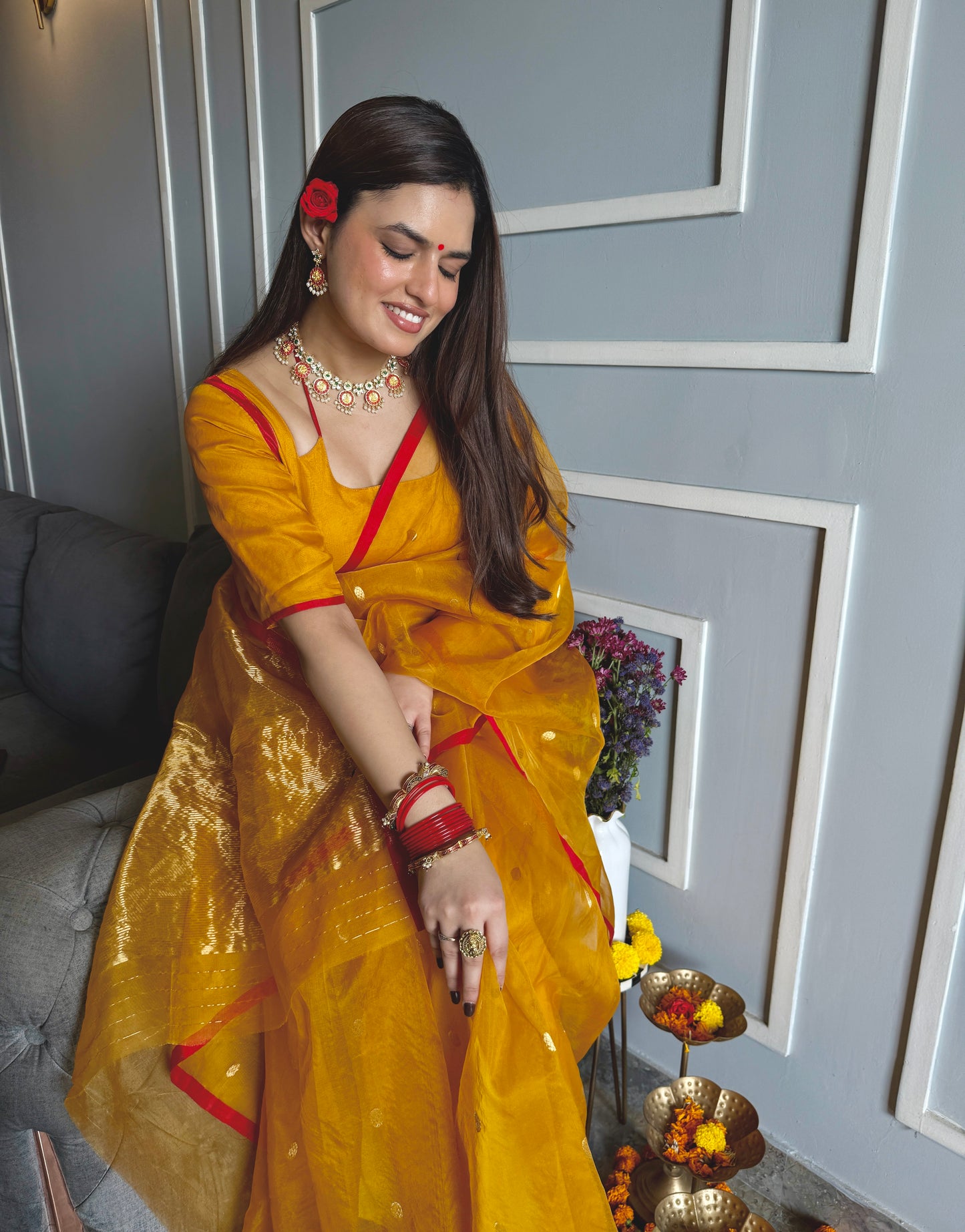 Mustard red Chanderi silk saree with zari bootis all over