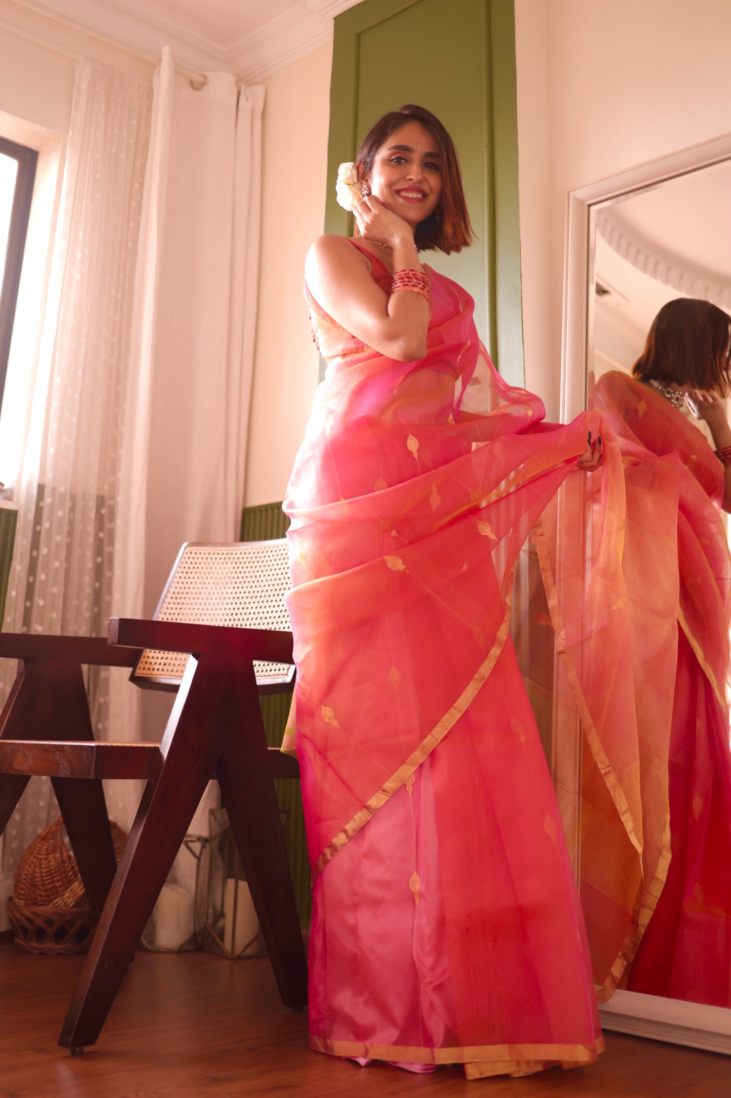 Coral pink dual tone Chanderi organza silk saree with jhumka motifs all over