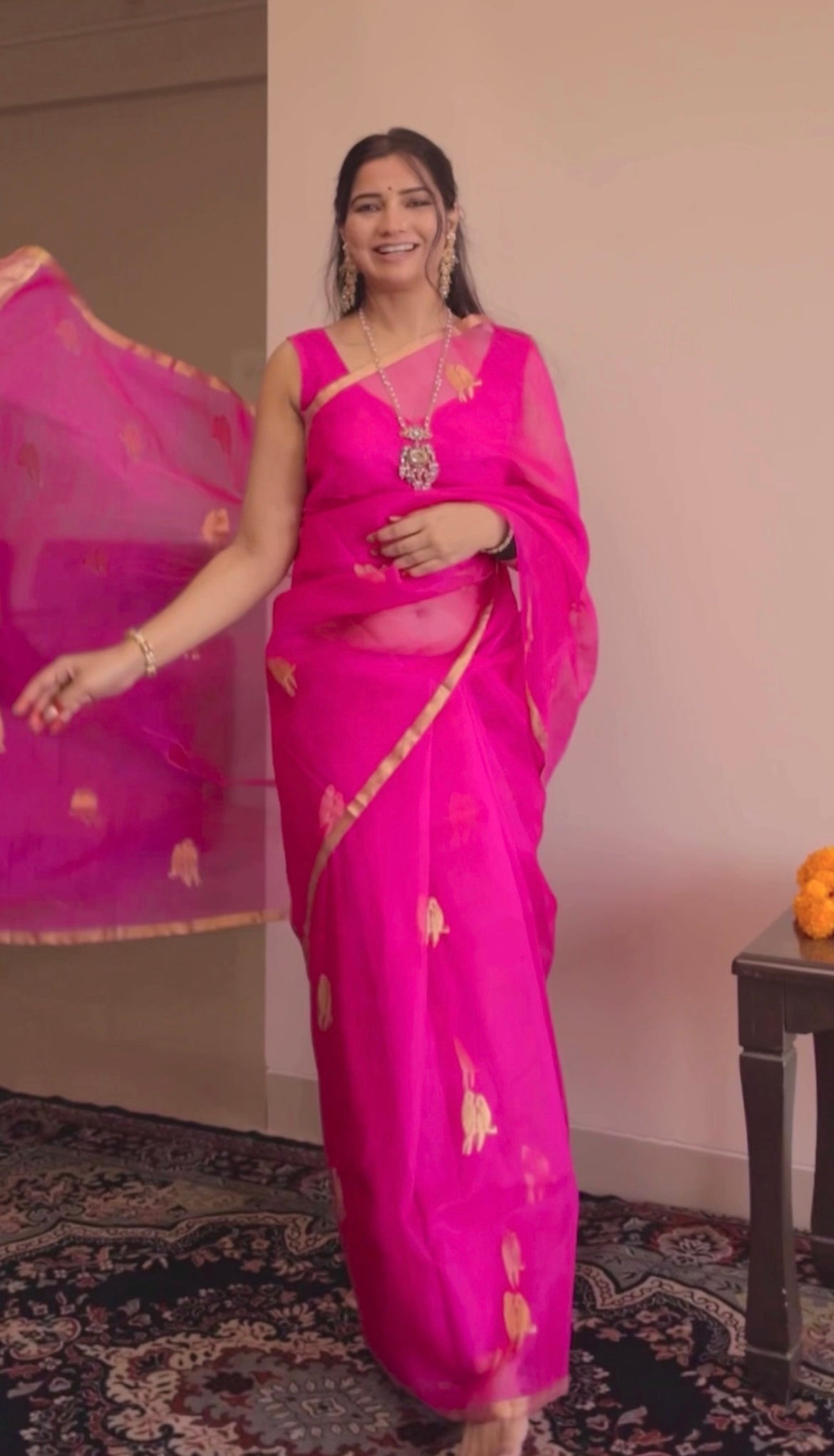 Pink chanderi organza silk saree with bird motifs all over