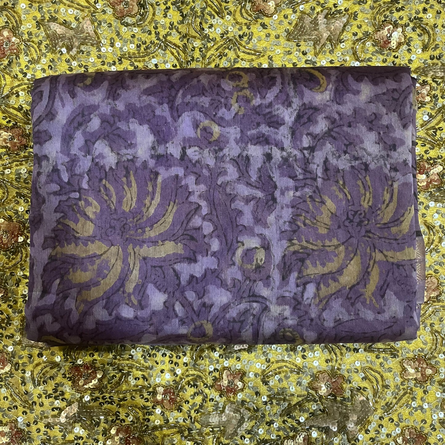 Purple Maheshwari saree with ajrakh print all over