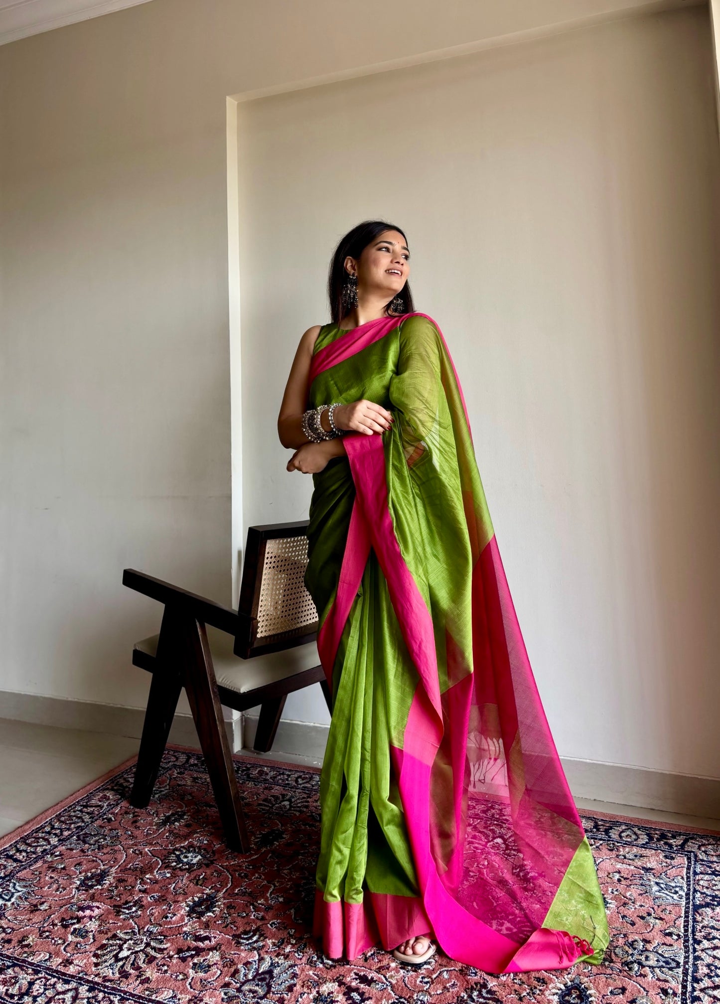 Olive green and pink maheshwari saree