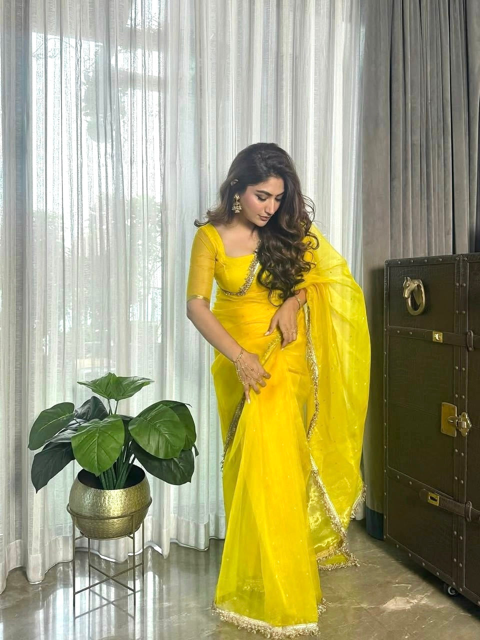 Corn yellow Chanderi silk saree with zari bootis all over