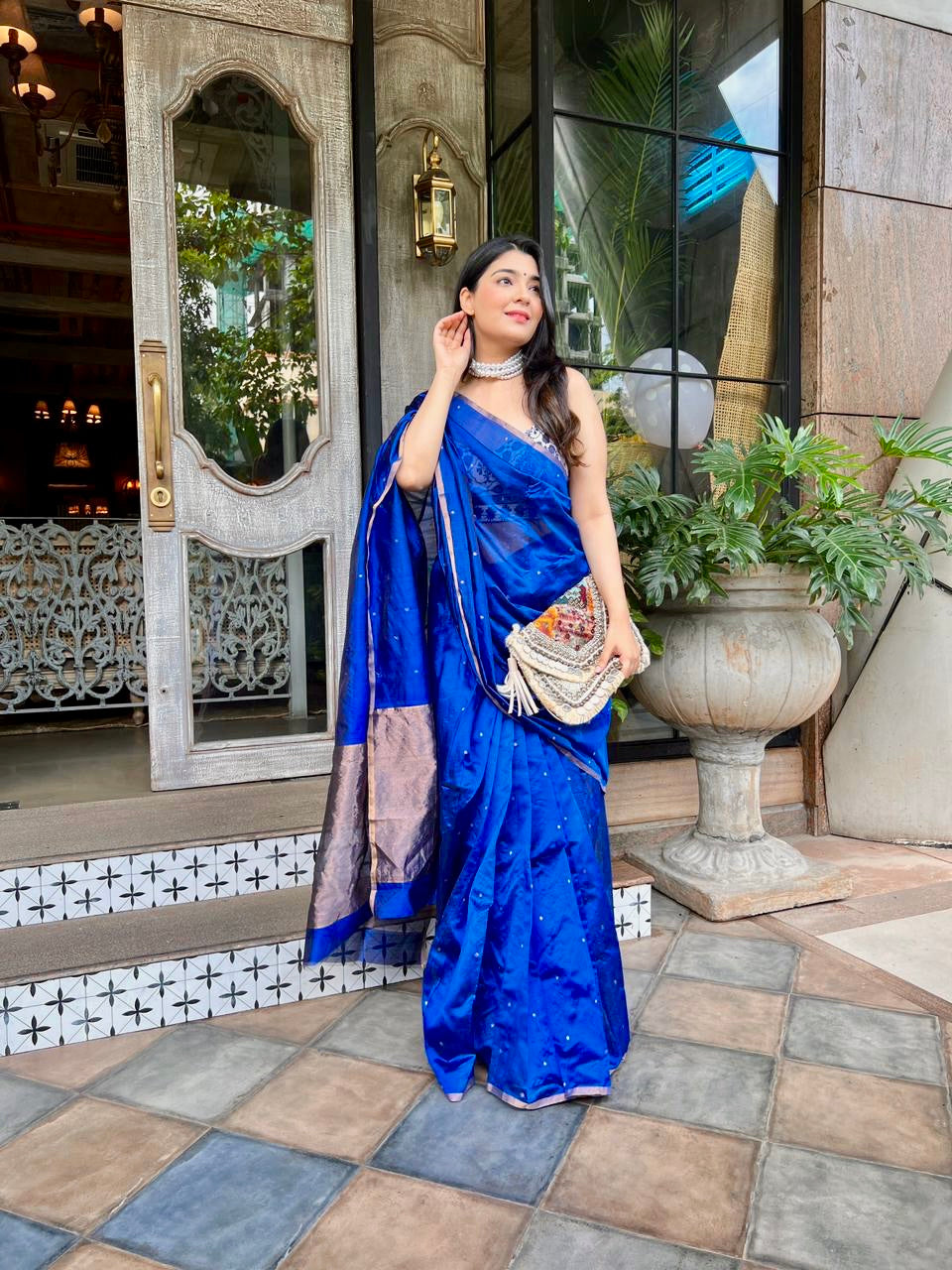 Royal blue chanderi silk saree with zari bootis all over