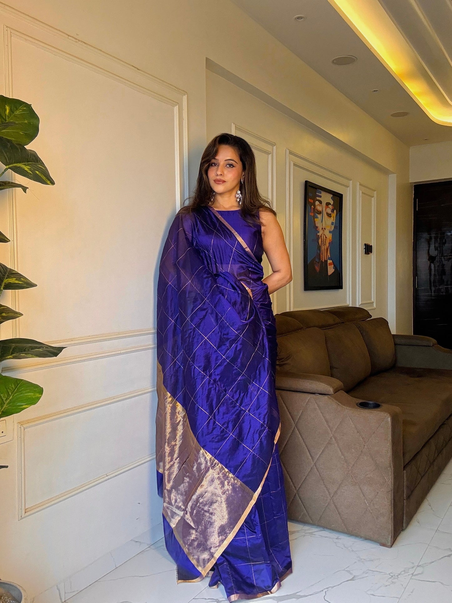 Dark purple chanderi silk saree with zari checks all over