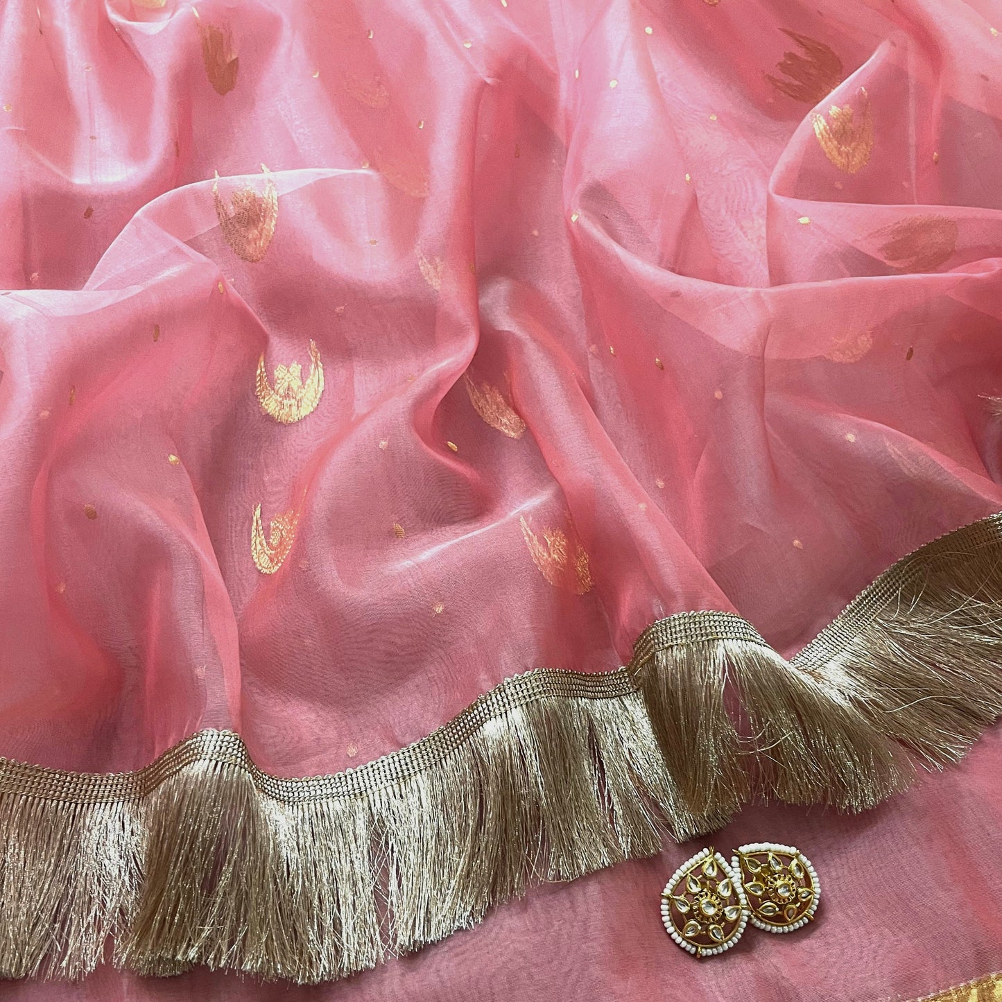 Ballet Pink chanderi silk saree with zari bootis and chaand bootis all over