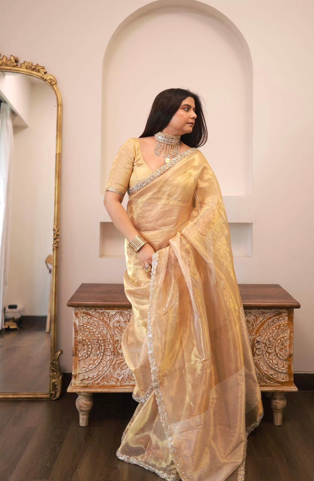 Molten gold chanderi tissue silk saree with intricate work border