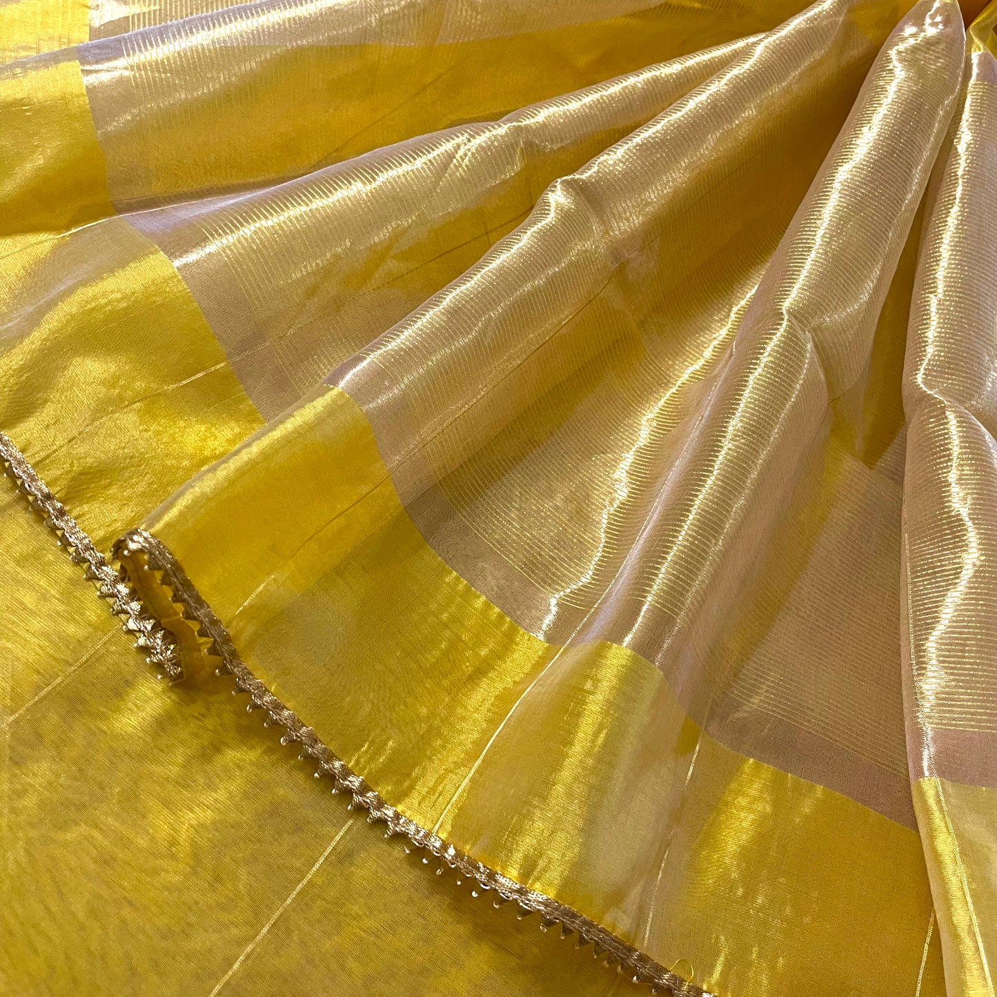 Butter yellow Chanderi silk saree with zari checks all over