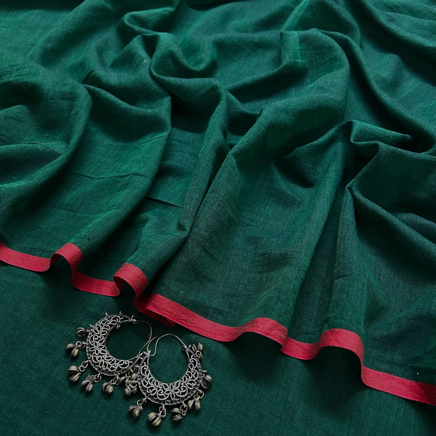 Dark green and red mulmul saree