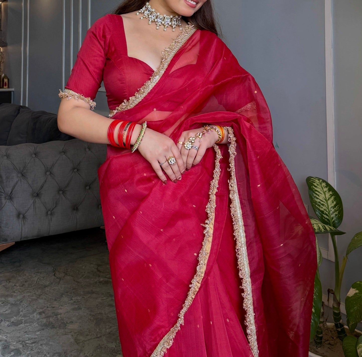 Dark rose chanderi silk saree with zari bootis all over
