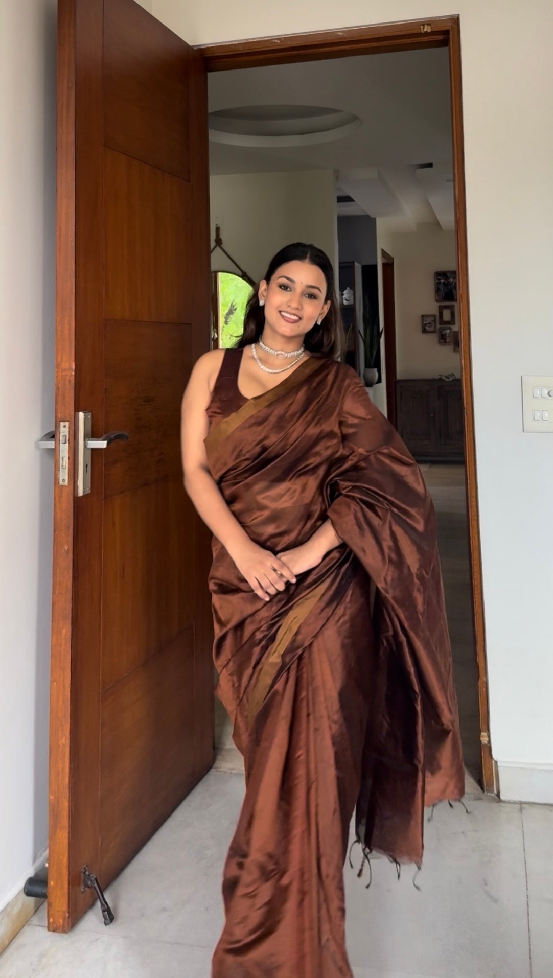 Cinnamon brown chanderi silk saree with silk border