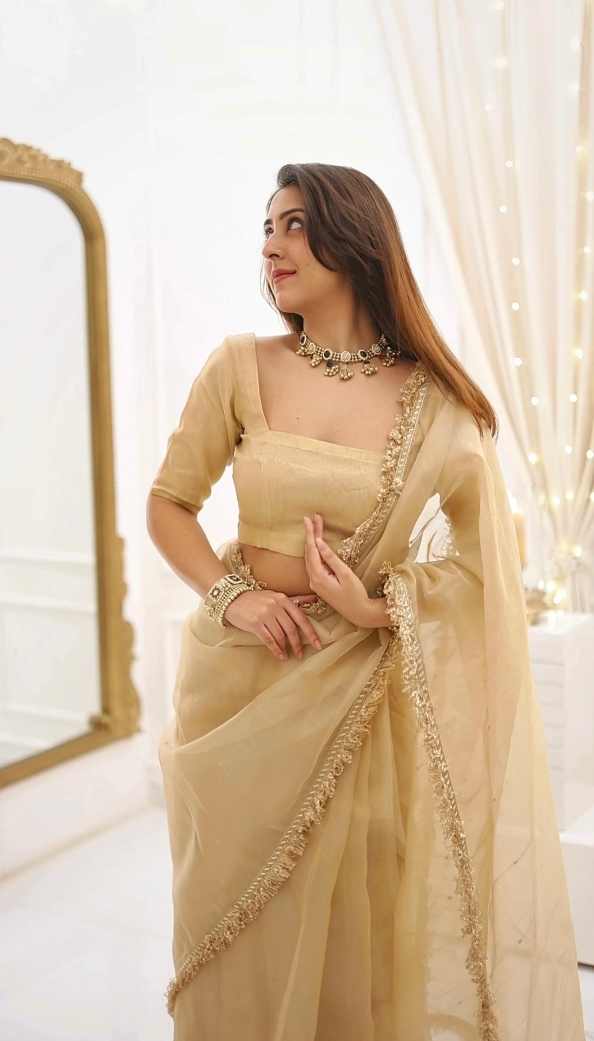 Beige gold Chanderi organza silk saree with zari bootis all over