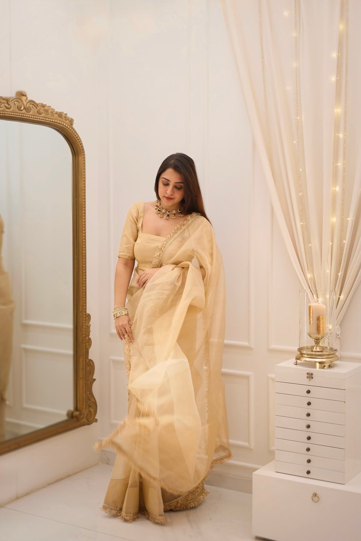 Beige gold Chanderi organza silk saree with zari bootis all over