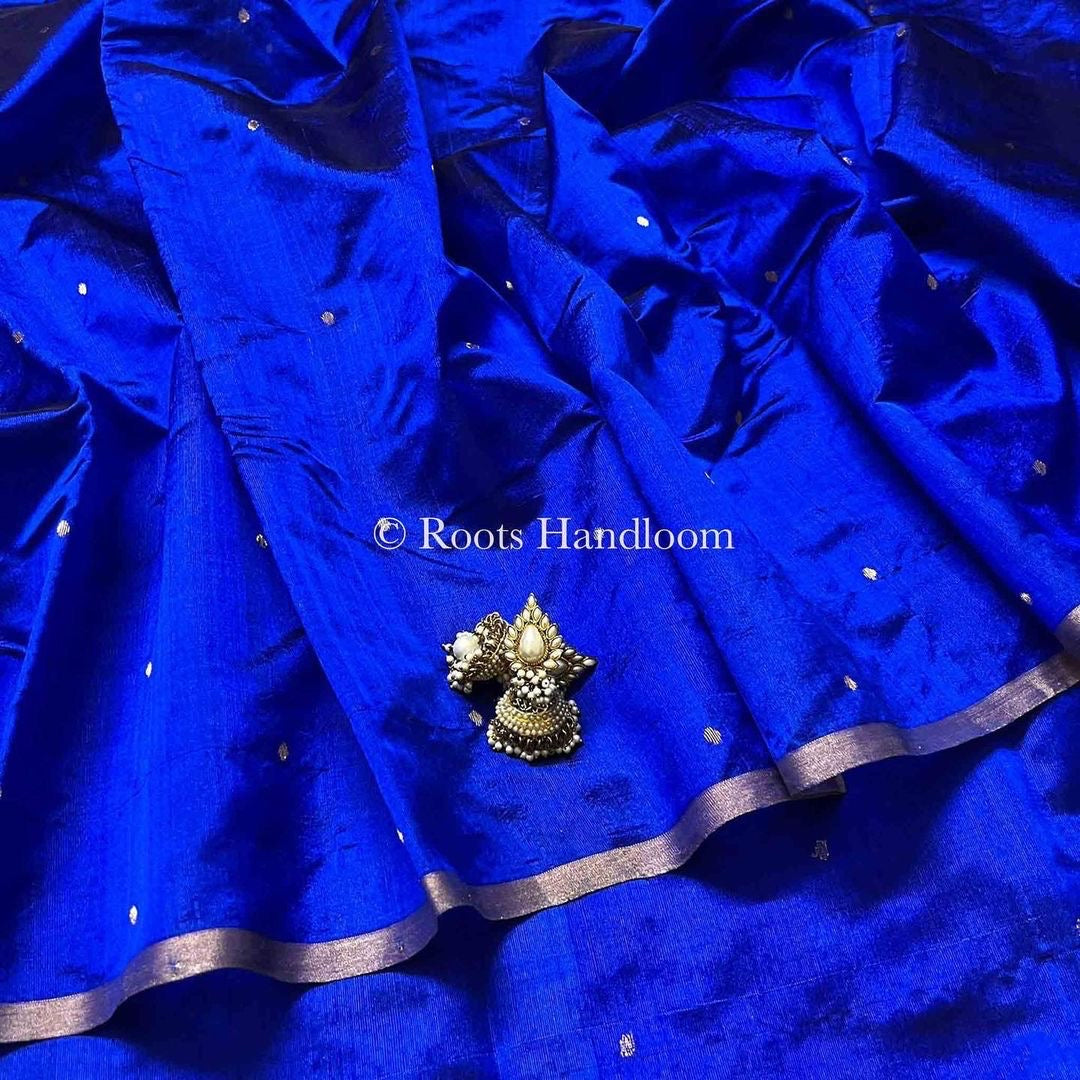 Royal blue chanderi silk saree with zari bootis all over