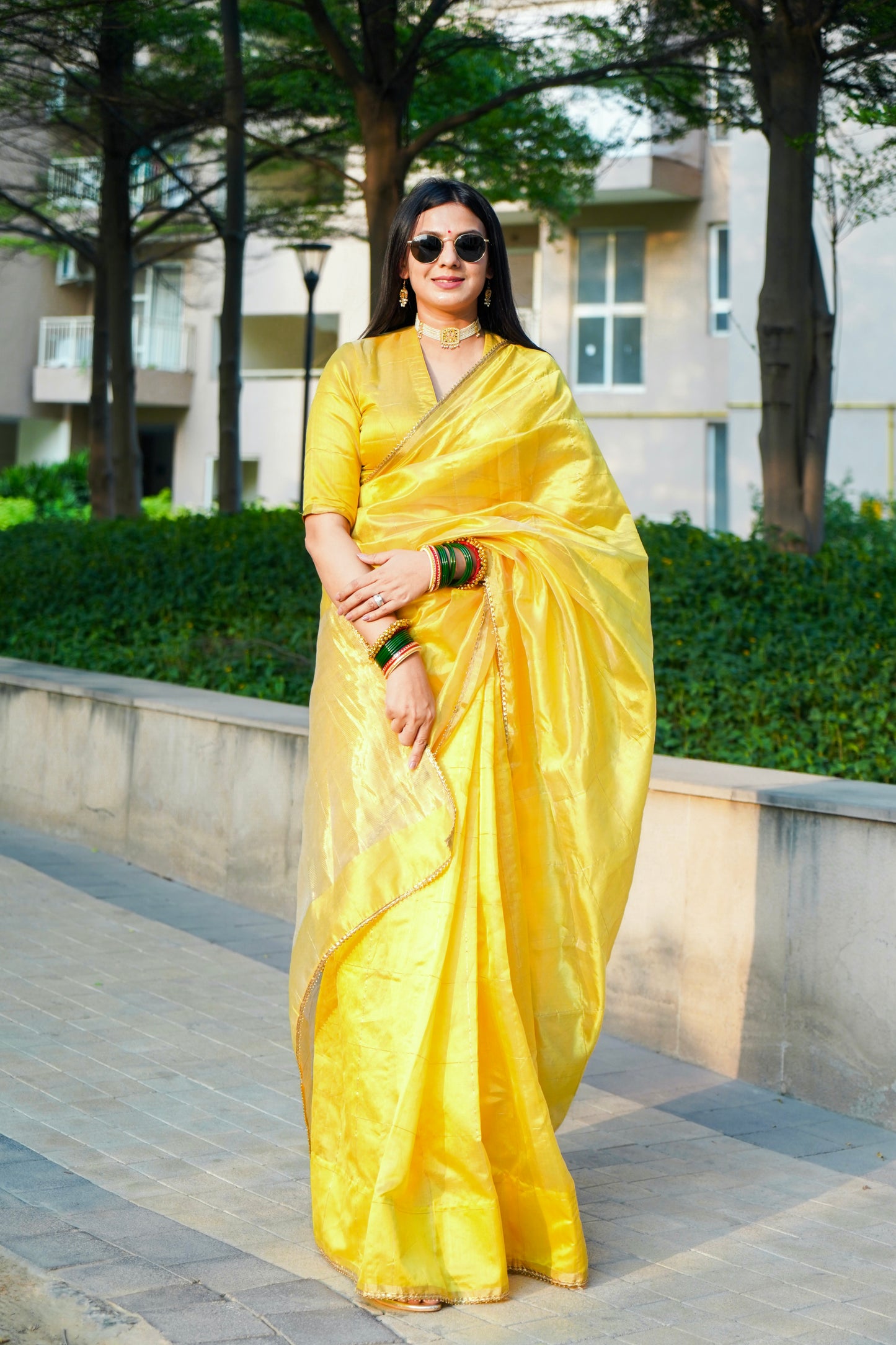 Butter yellow Chanderi silk saree with zari checks all over