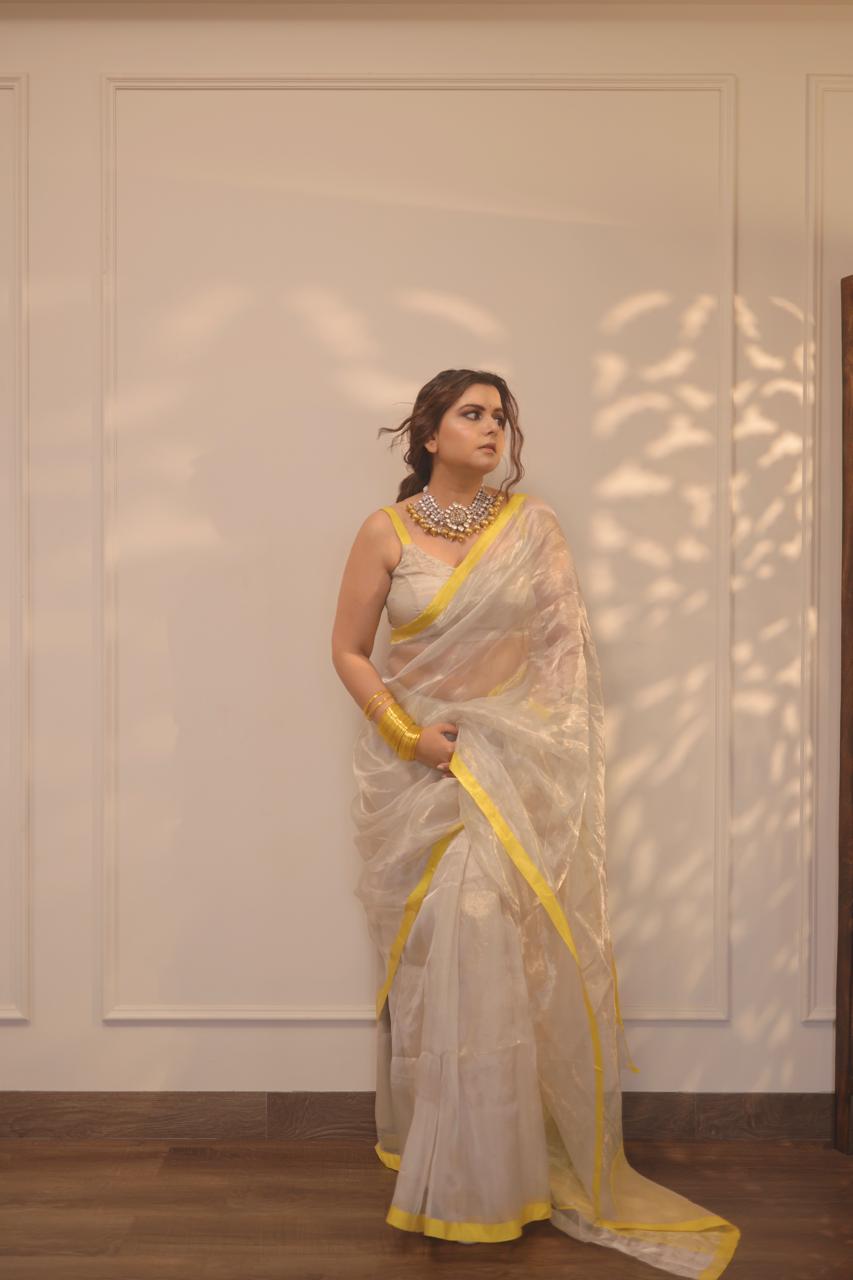 Silver white and lemon chanderi tissue silk saree