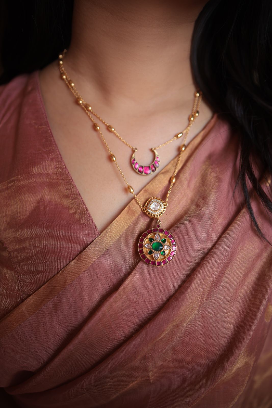 Rose and gold maheshwari tissue silk saree with zari bootis all over