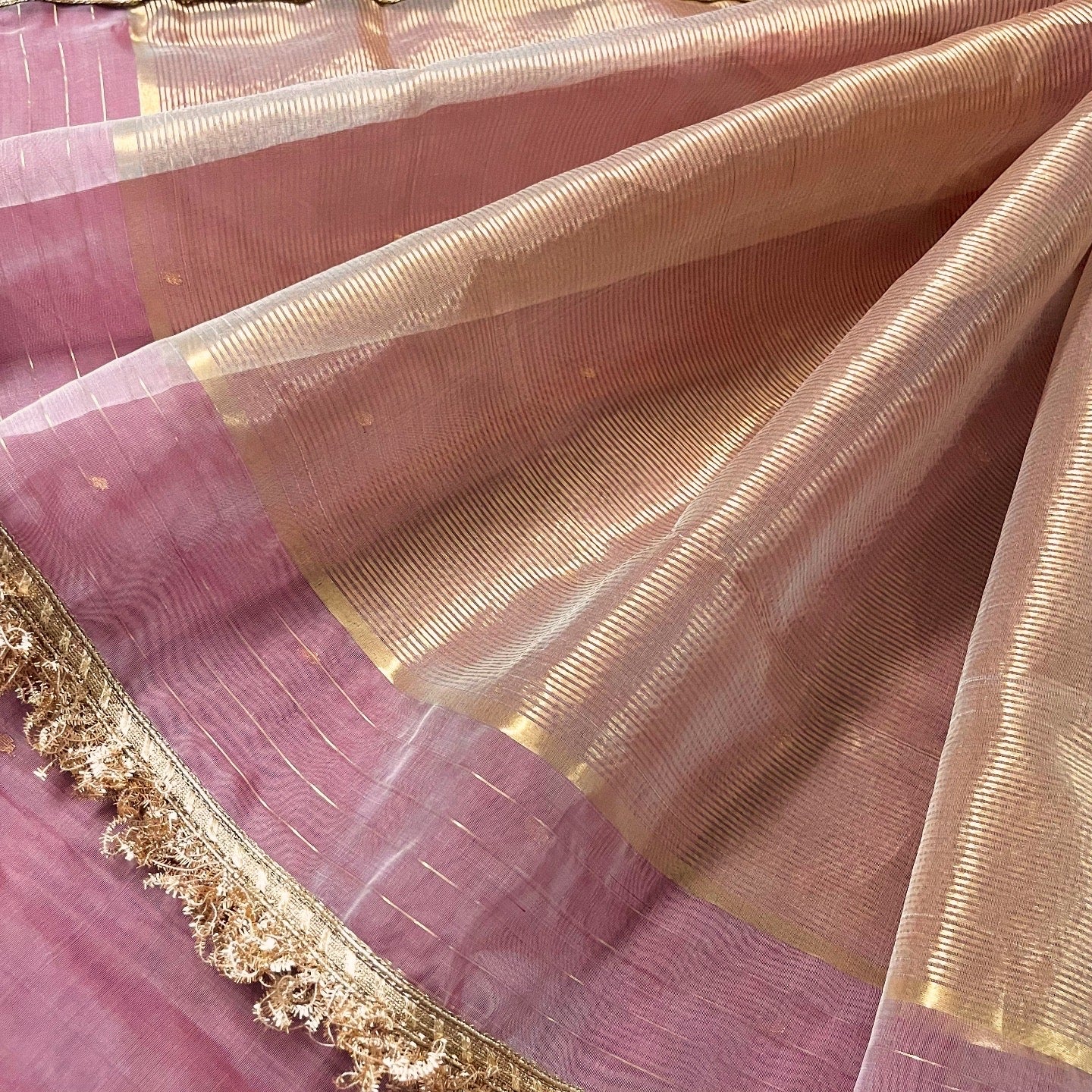 Dusty Pink Chanderi silk saree with zari bootis and zari border all over