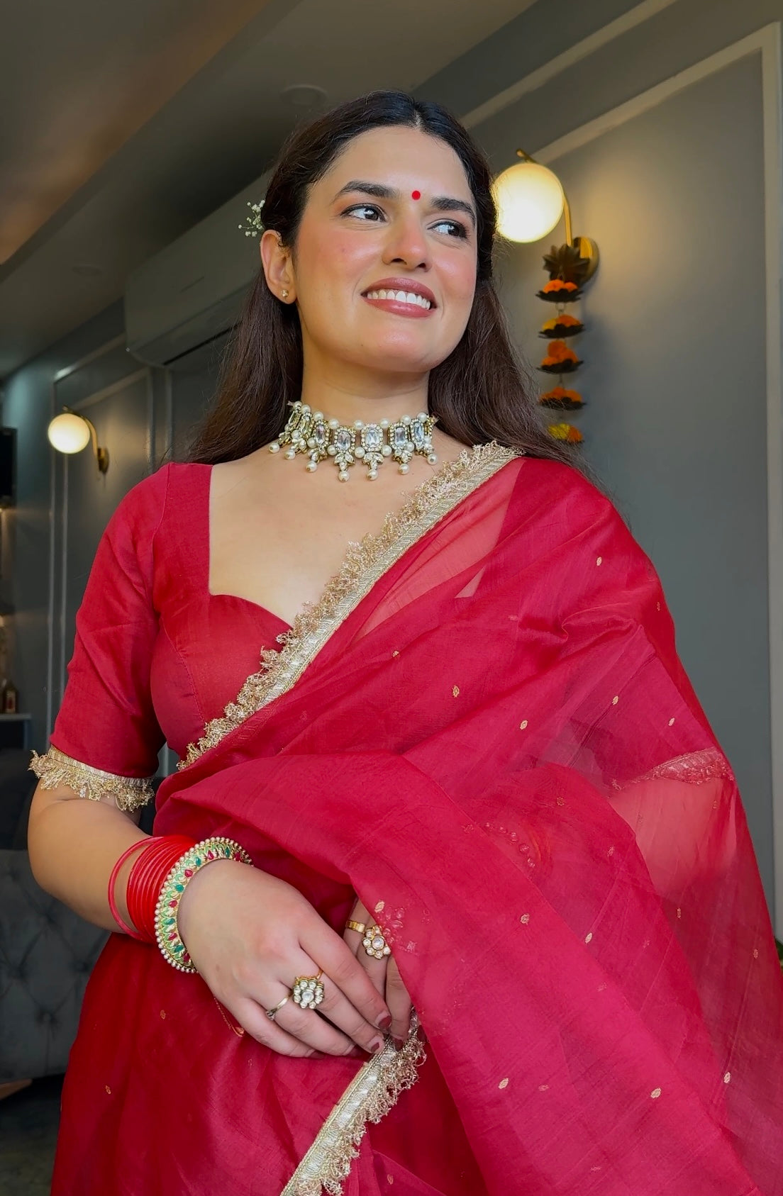 Dark rose chanderi silk saree with zari bootis all over