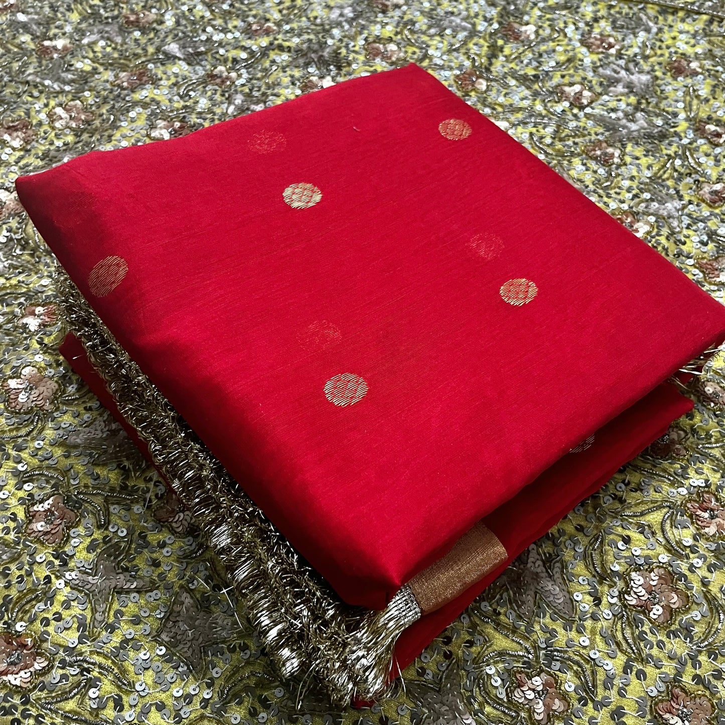 Red Chanderi saree with zari bootis and zari border all over
