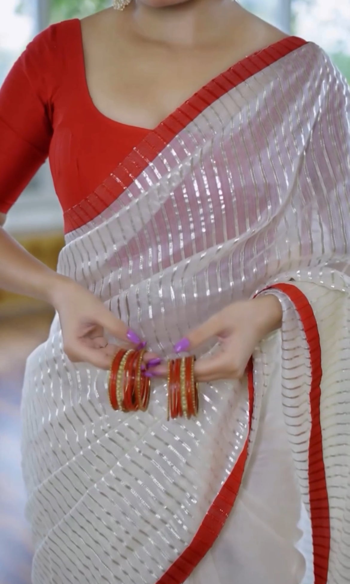 Off white & red chanderi saree with intricate gota work all over