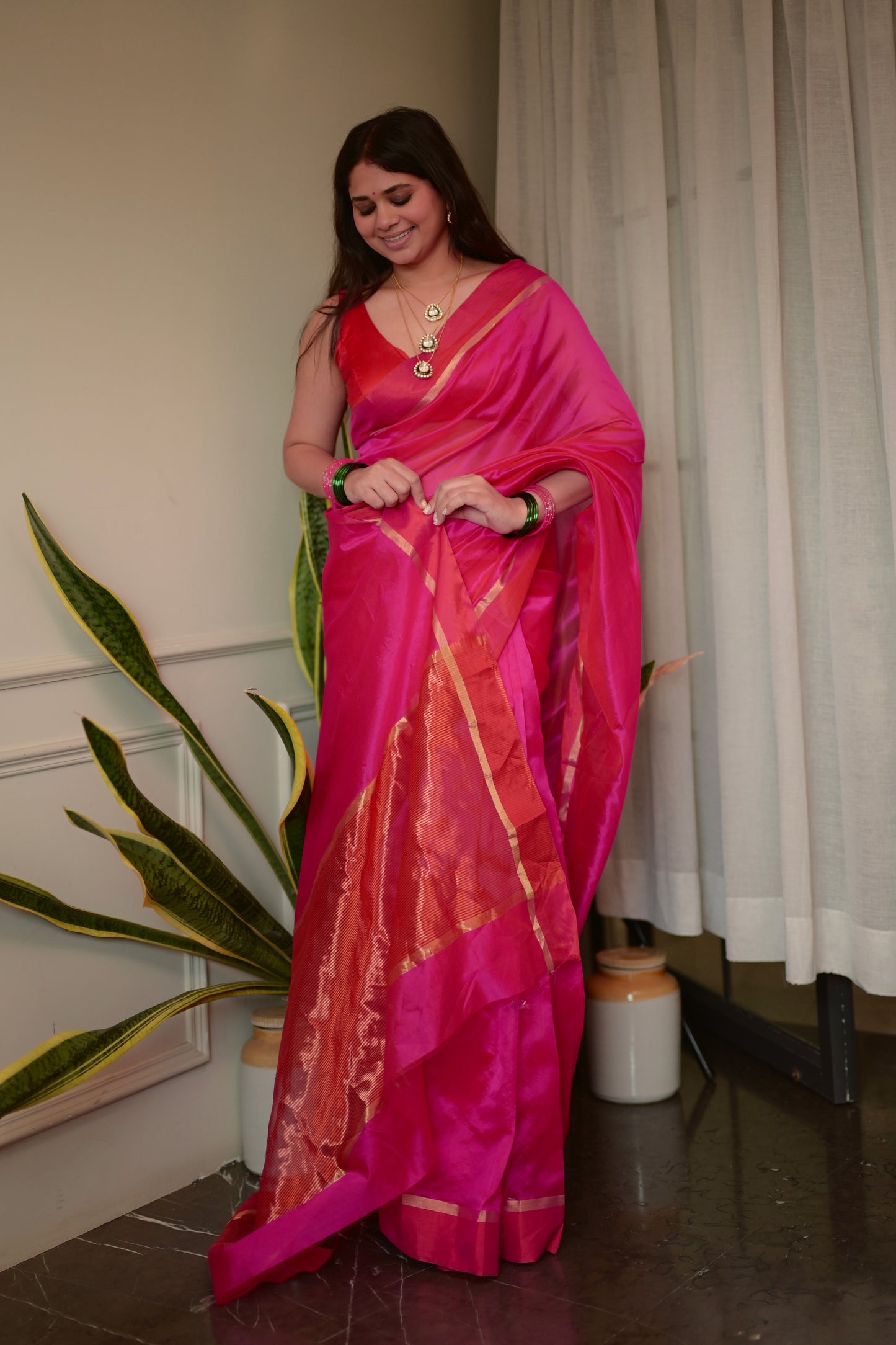 Pink and red Chanderi silk saree with silk border