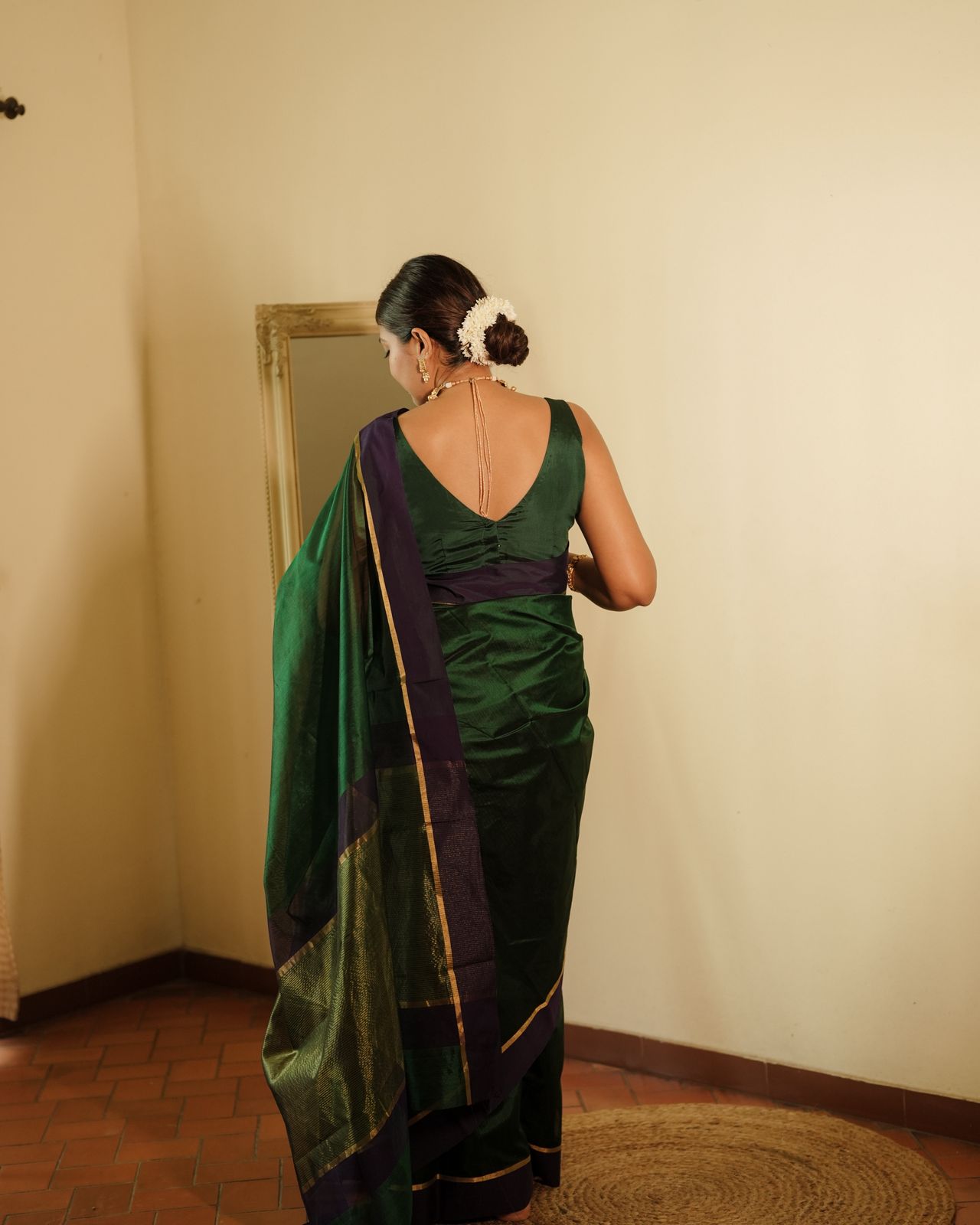 Dark green and blue Chanderi silk saree with silk border