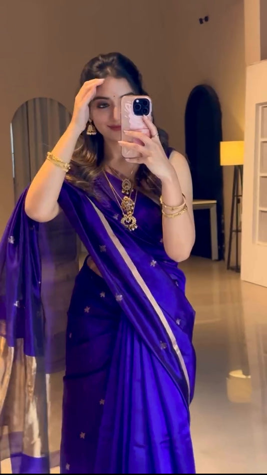 Dark Purple Chanderi Silk Saree with Flower Bootis all over