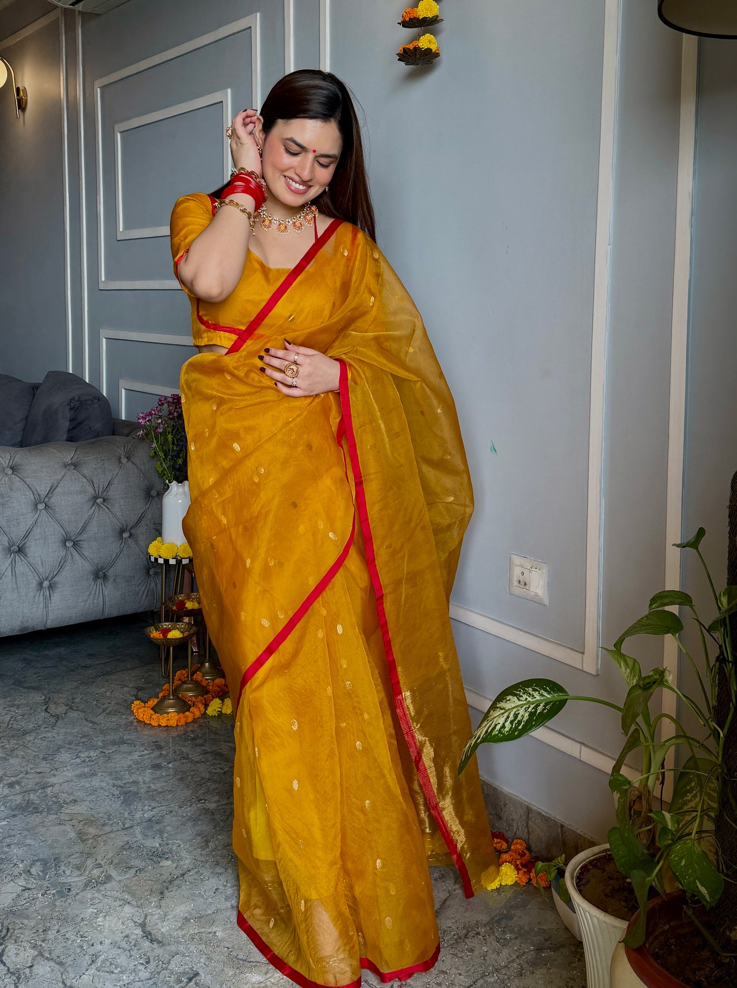 Mustard red Chanderi silk saree with zari bootis all over