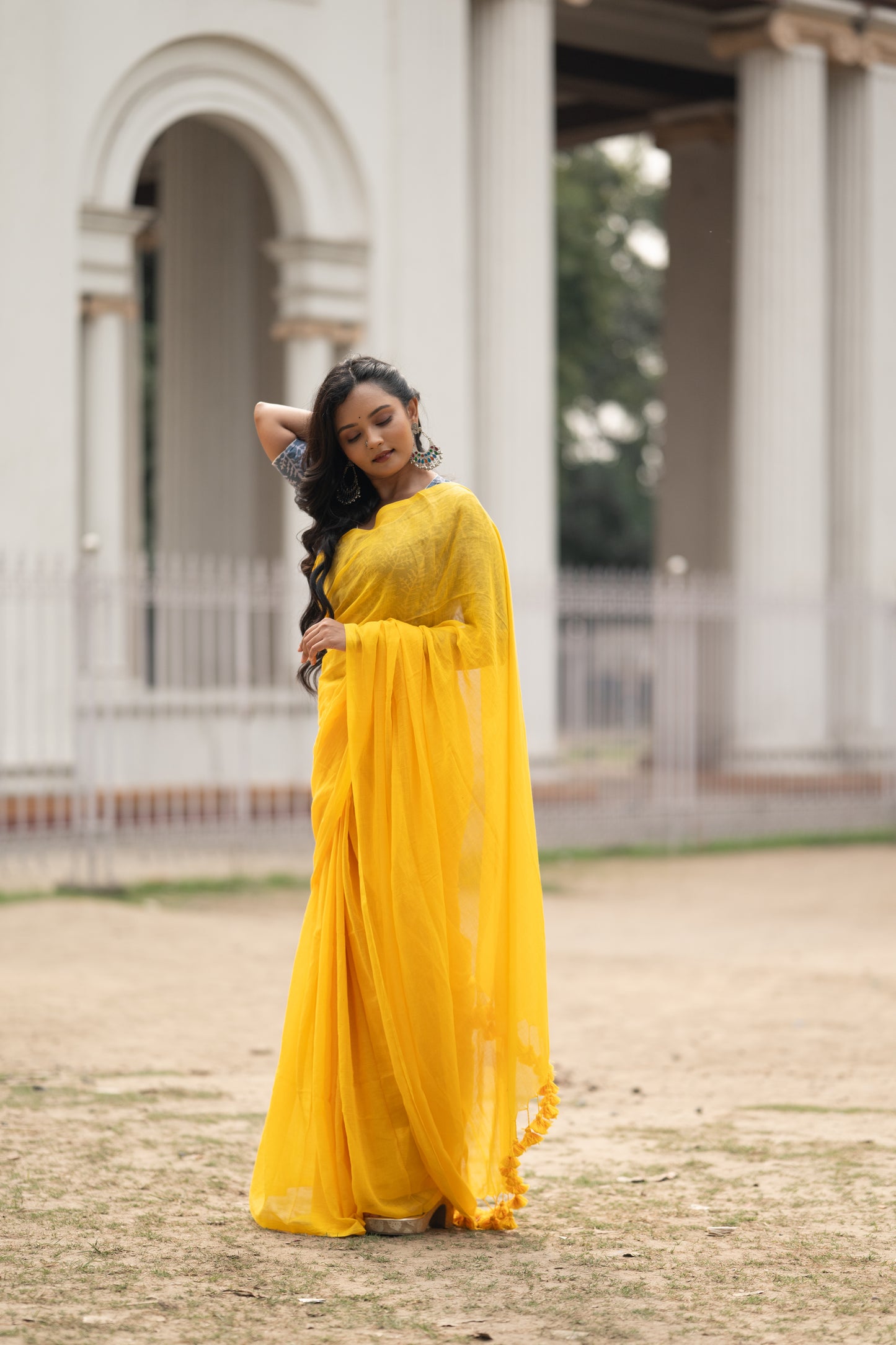 Yellow mulmul saree