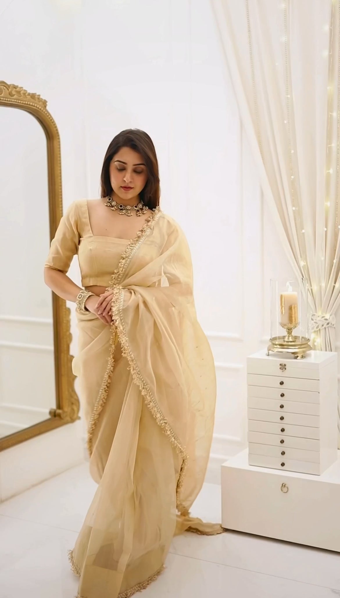Beige gold Chanderi organza silk saree with zari bootis all over
