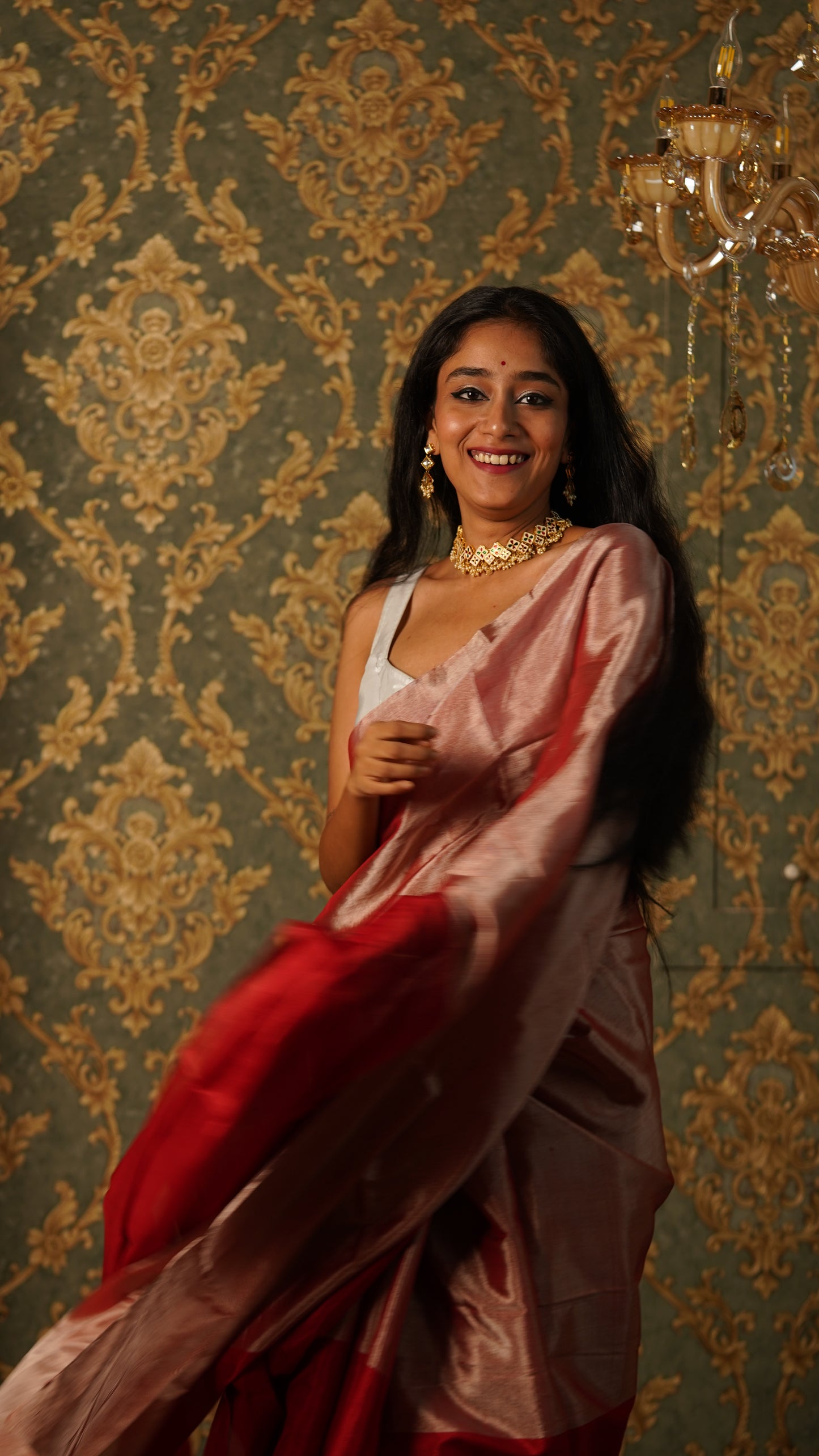Silver and red chanderi tissue silk saree