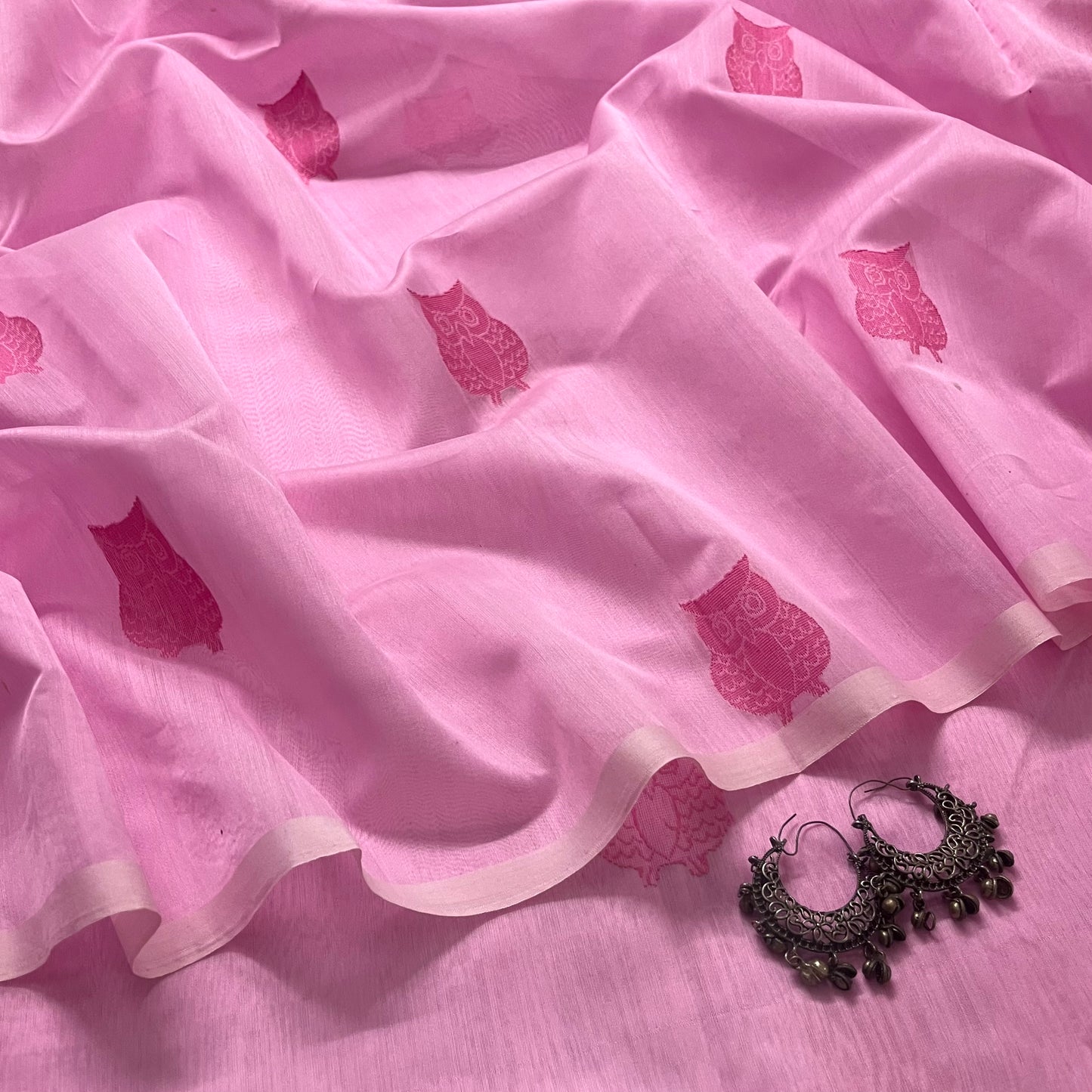 Pink Chanderi saree with owl motifs all over