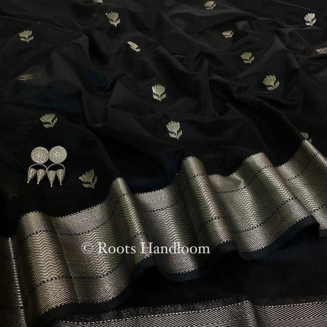 Black Maheshwari Saree with Flower Motifs all over
