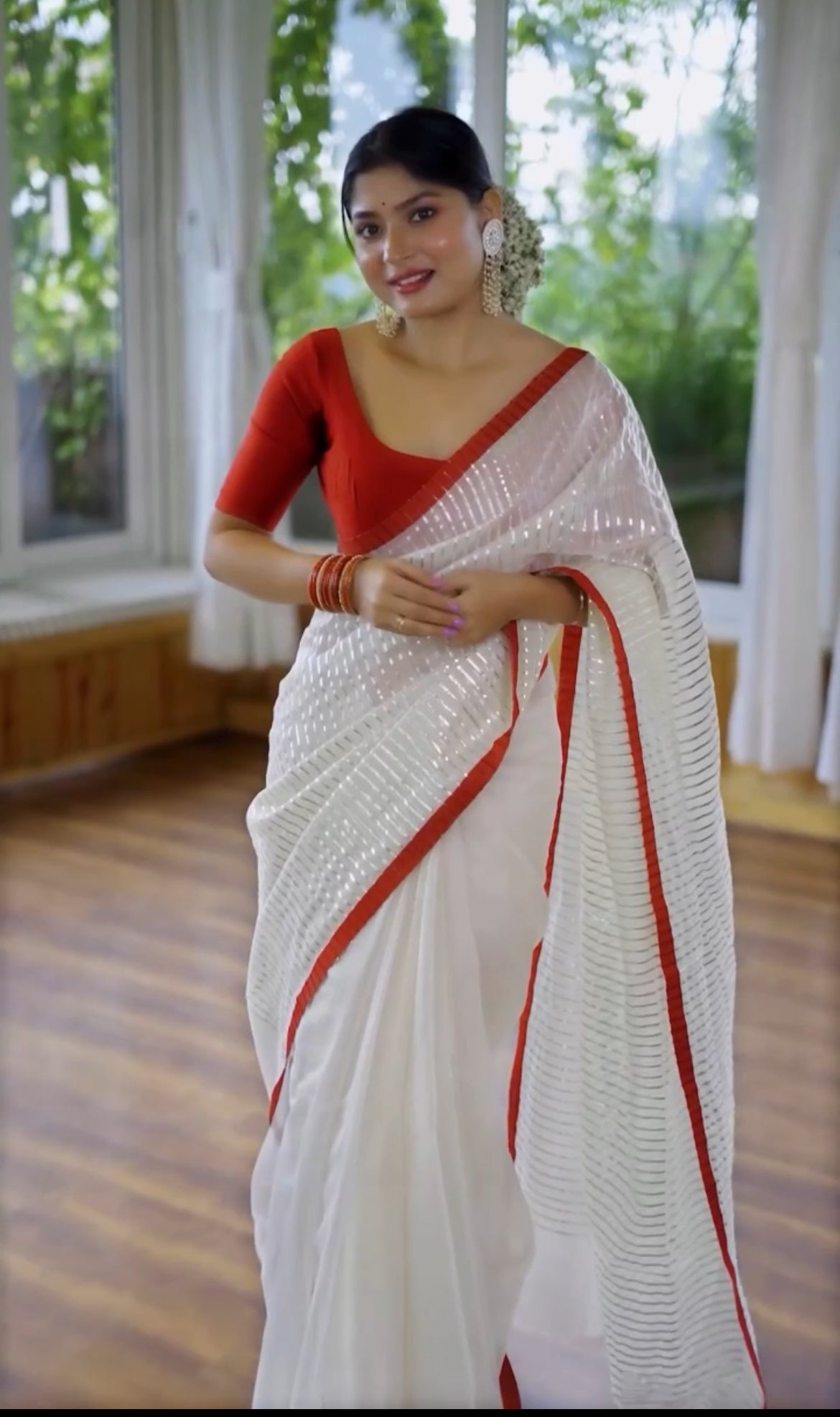Off white & red chanderi saree with intricate gota work all over