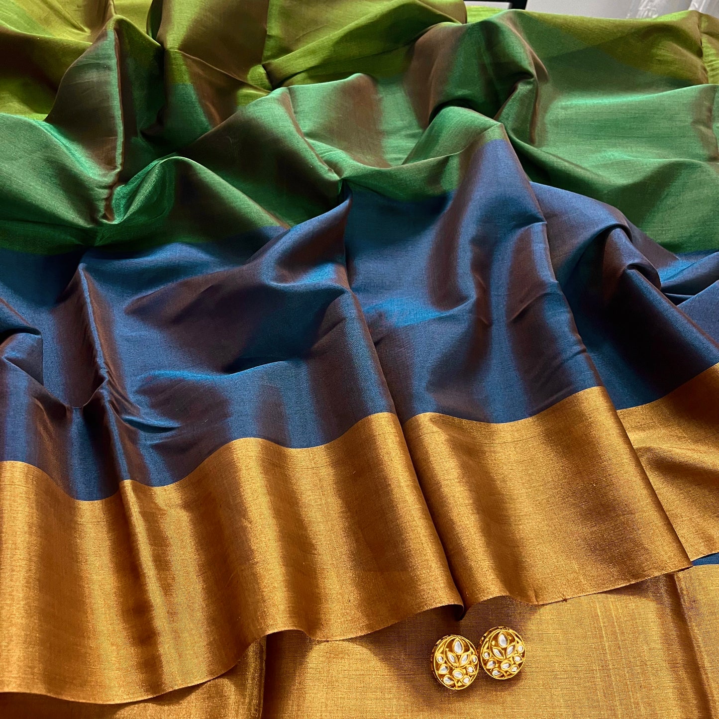 Green gold and blue chanderi tissue silk saree
