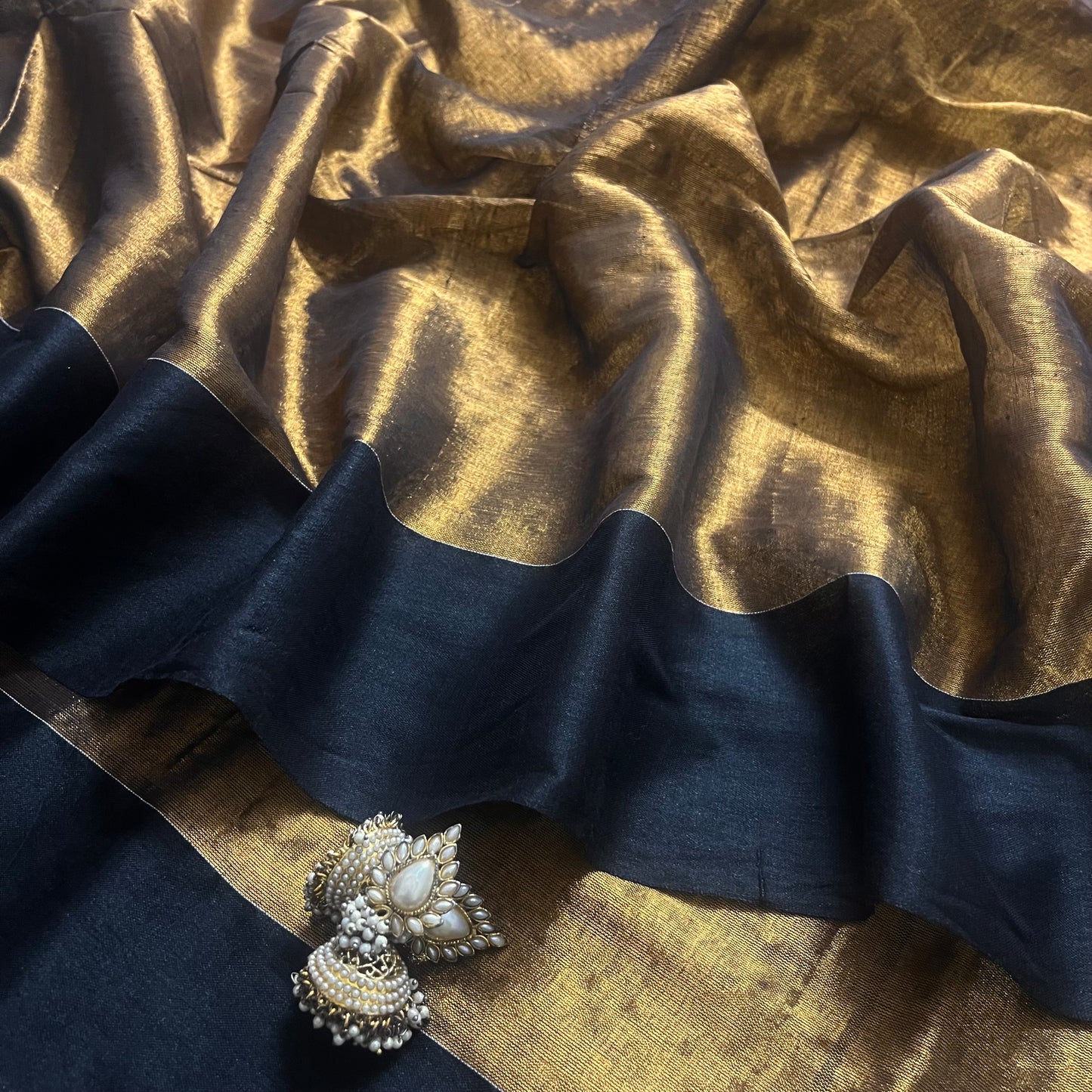Gold and black linen saree