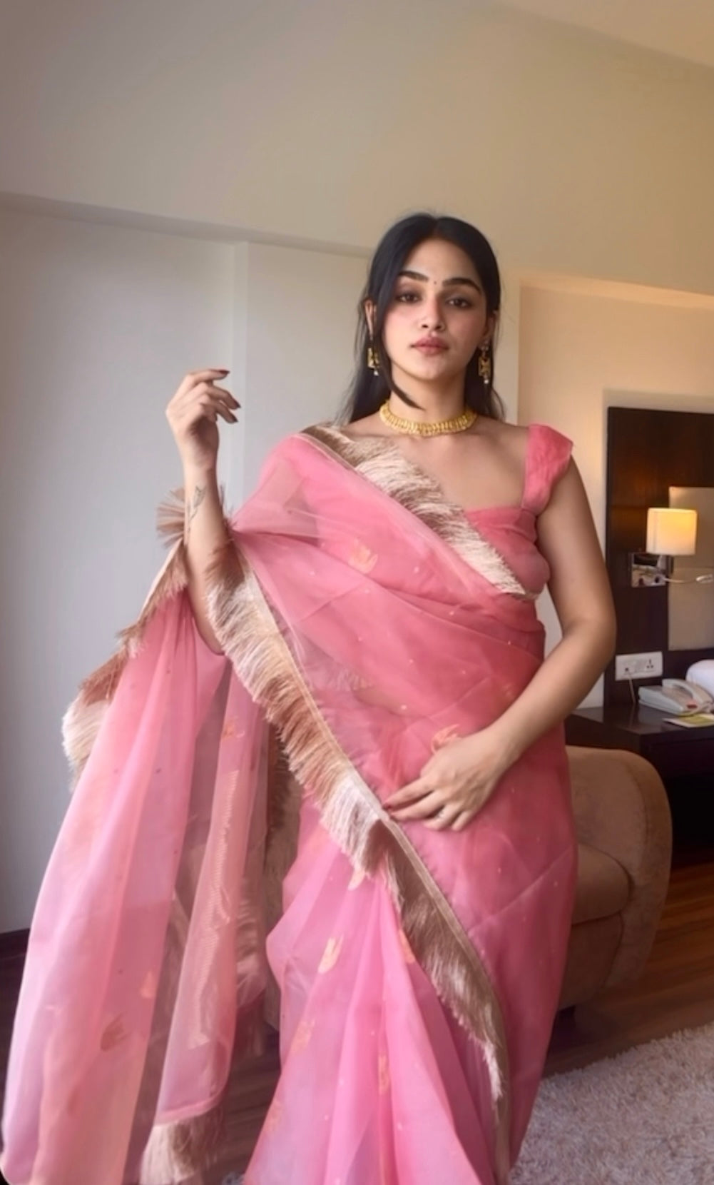 Ballet Pink chanderi silk saree with zari bootis and chaand bootis all over